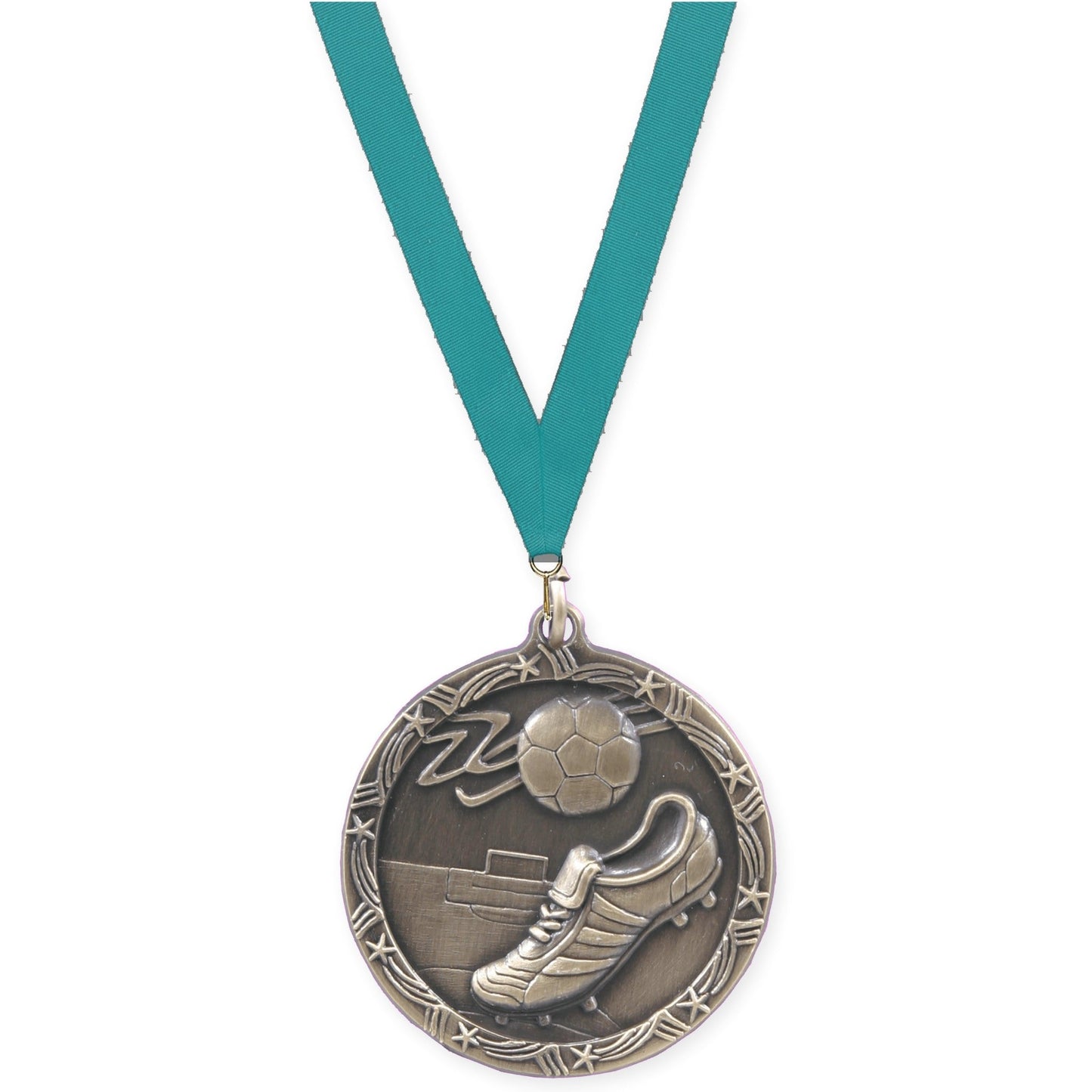 1 3/4 inch soccer Shooting Star medal in antique gold with Teal neck ribbon
