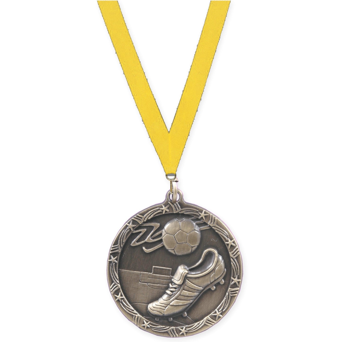1 3/4 inch soccer Shooting Star medal in antique gold with Yellow neck ribbon