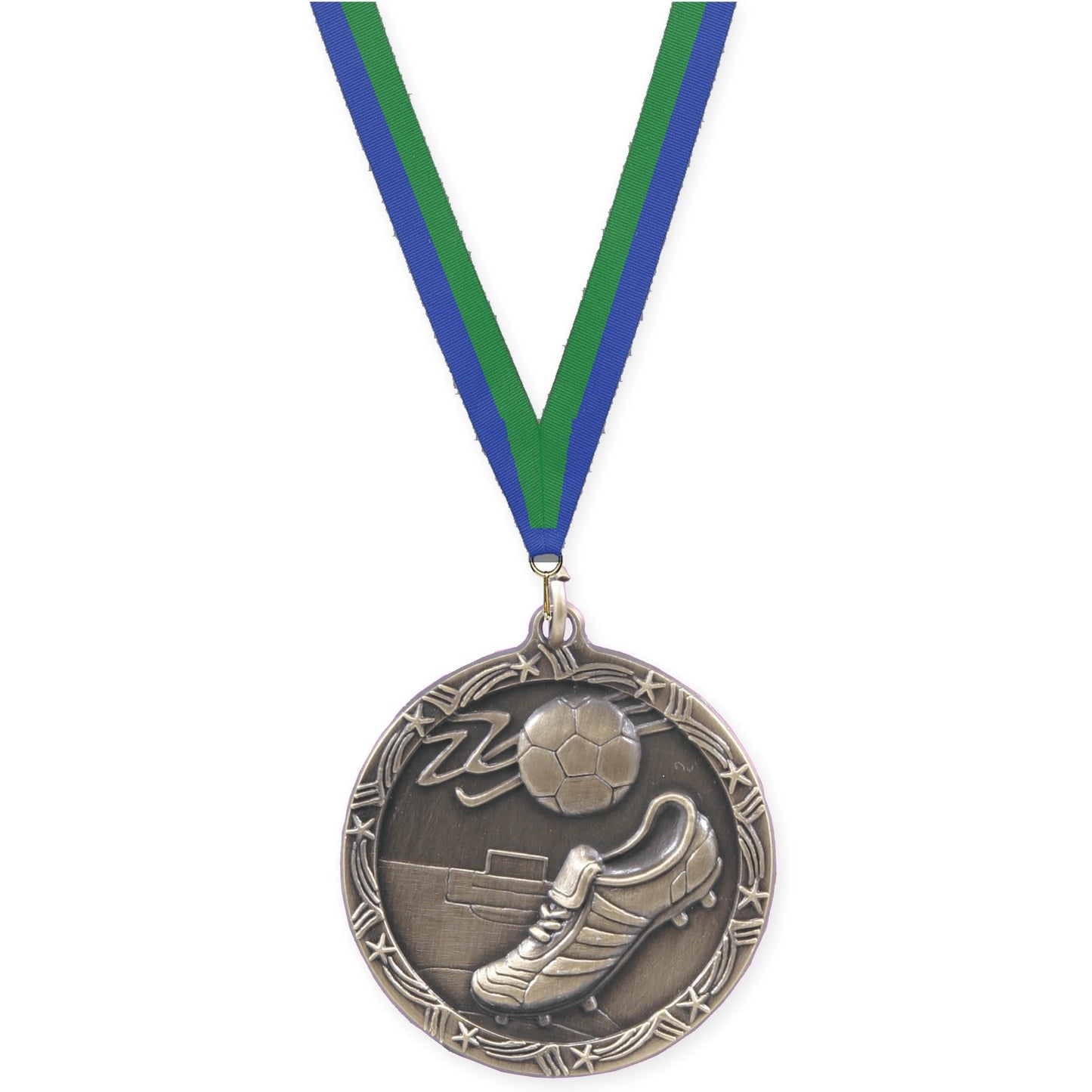 1 3/4 inch soccer Shooting Star medal in antique gold with Blue Green neck ribbon