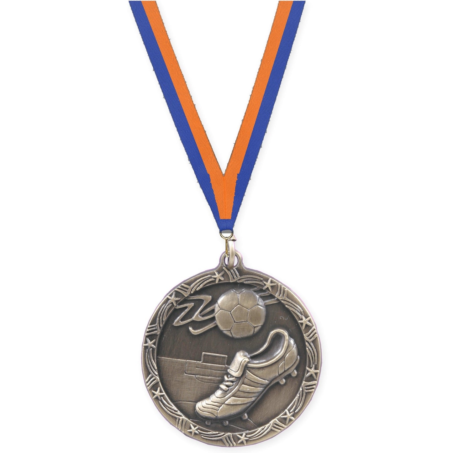 1 3/4 inch soccer Shooting Star medal in antique gold with Blue Orange neck ribbon