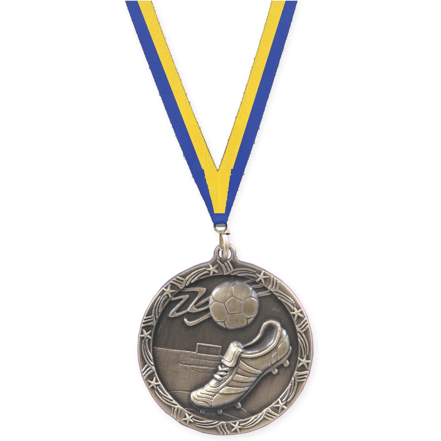 2 1/2 inch soccer Shooting Star medal in antique gold with Blue Yellow neck ribbon