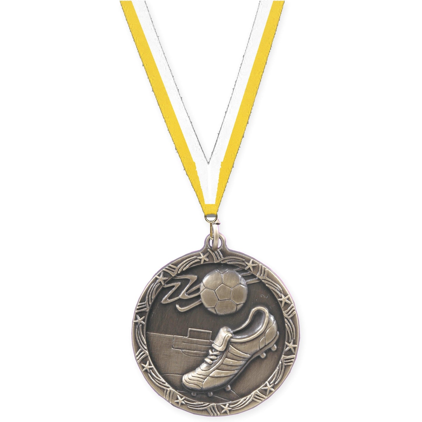 2 1/2 inch soccer Shooting Star medal in antique gold with Yellow White neck ribbon