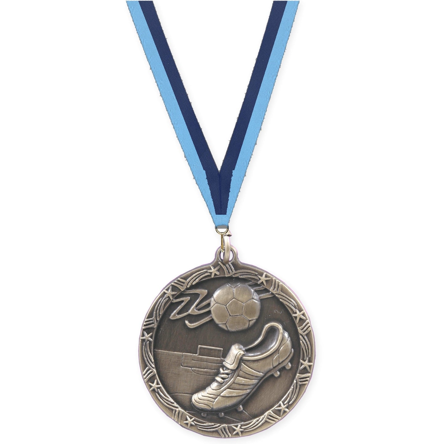 1 3/4 inch soccer Shooting Star medal in antique gold with Light Blue Navy neck ribbon