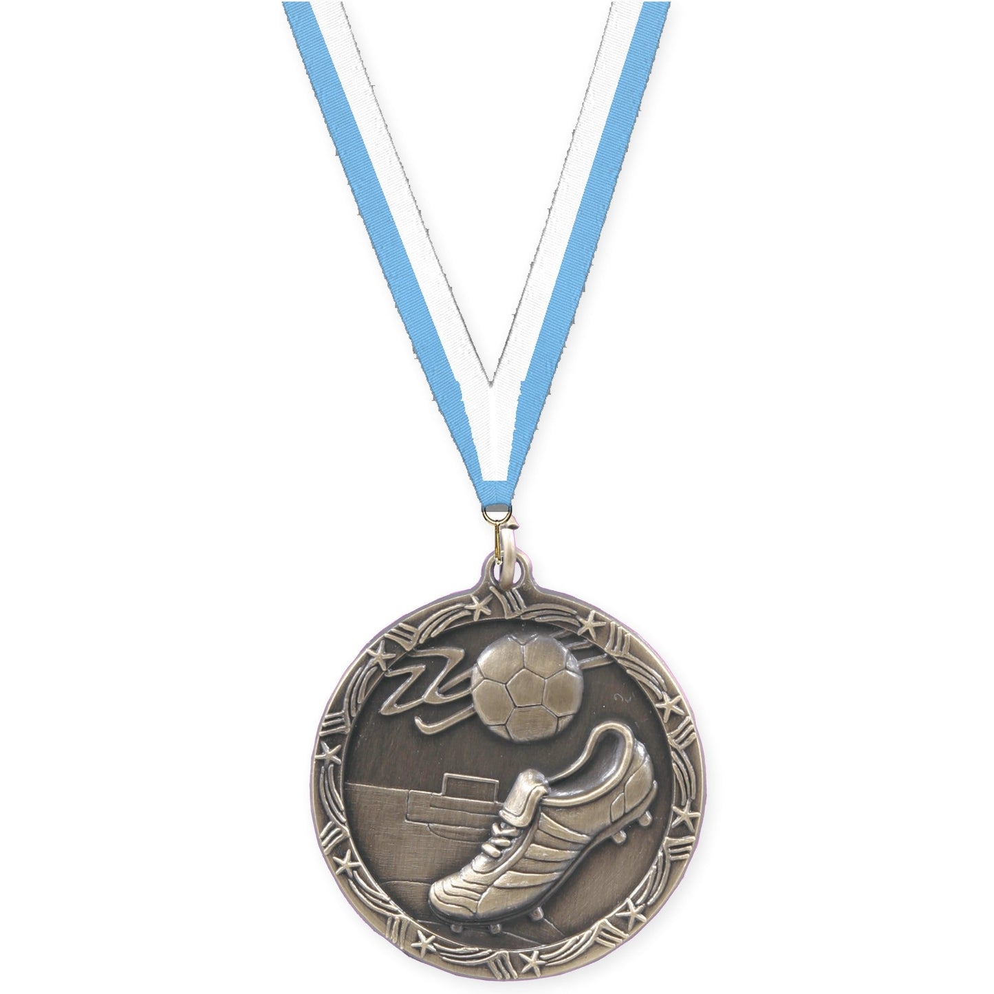 1 3/4 inch soccer Shooting Star medal in antique gold with Light Blue White neck ribbon