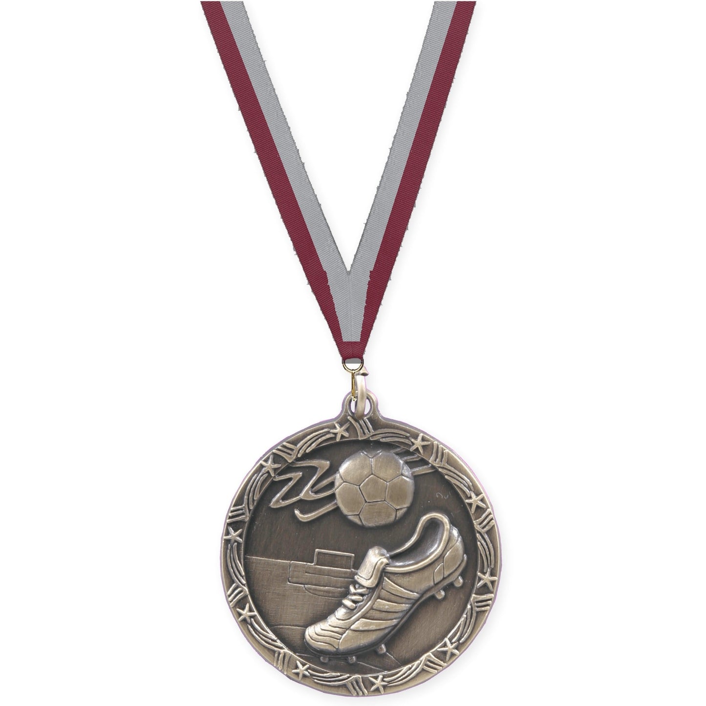 2 1/2 inch soccer Shooting Star medal in antique gold with Maroon Gray neck ribbon