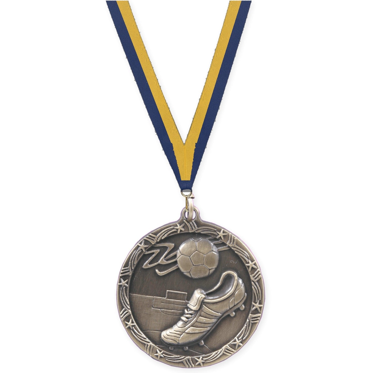2 1/2 inch soccer Shooting Star medal in antique gold with Navy Gold neck ribbon