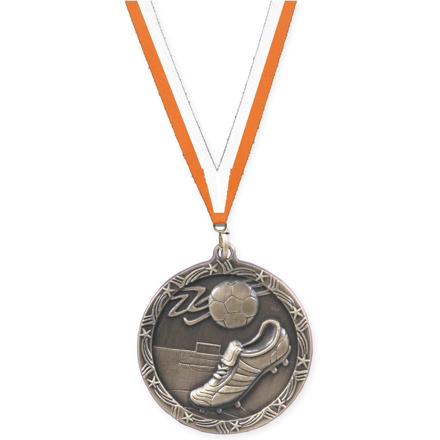 1 3/4 inch soccer Shooting Star medal in antique gold with Orange White neck ribbon
