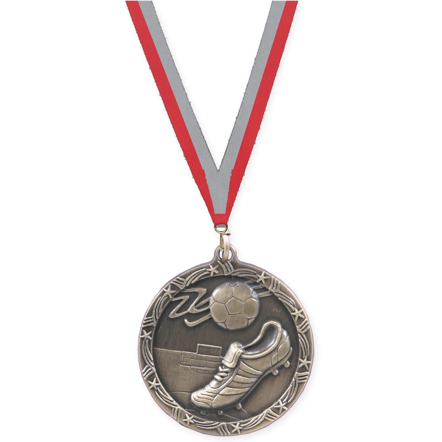 1 3/4 inch soccer Shooting Star medal in antique gold with Red Gray neck ribbon