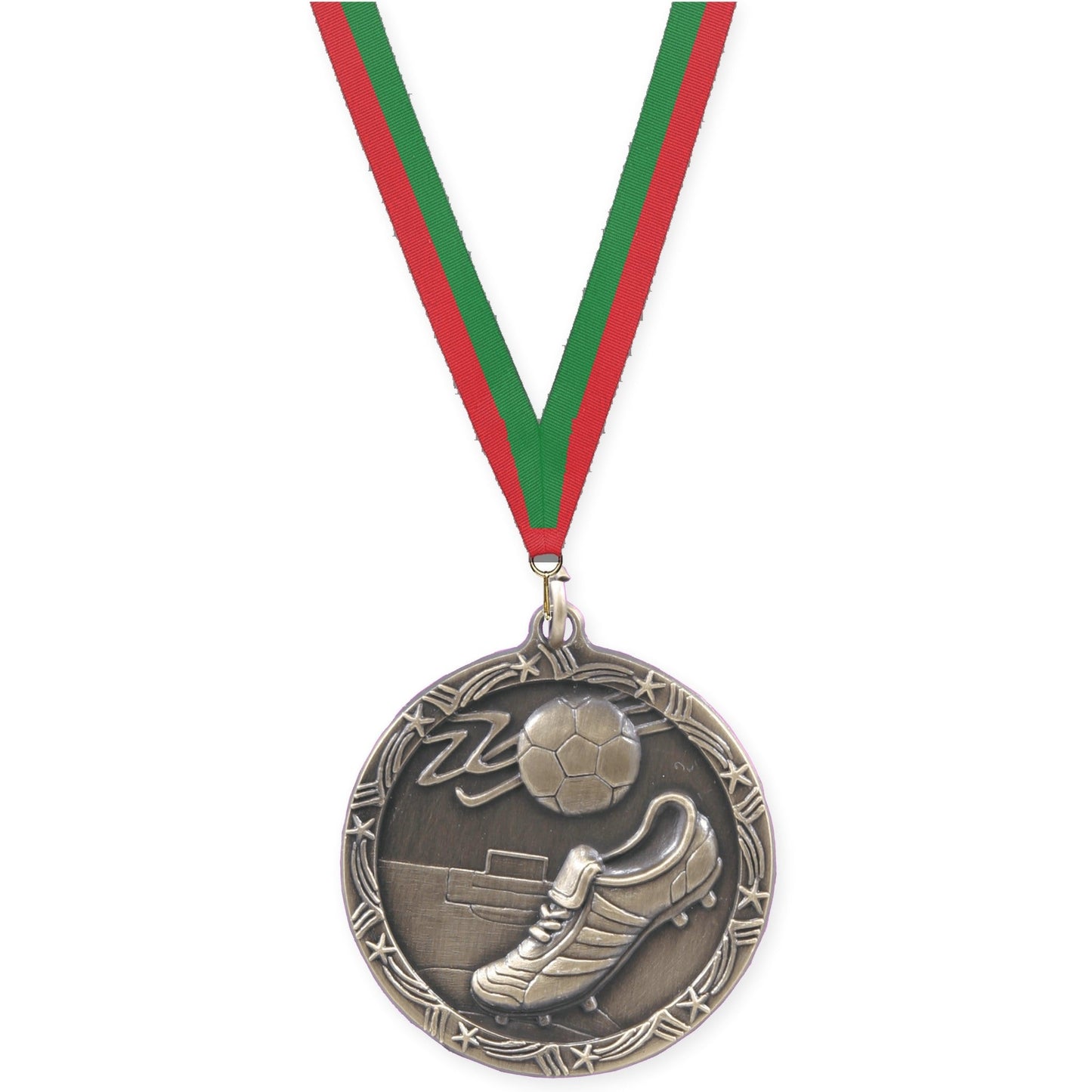2 1/2 inch soccer Shooting Star medal in antique gold with Red Green neck ribbon