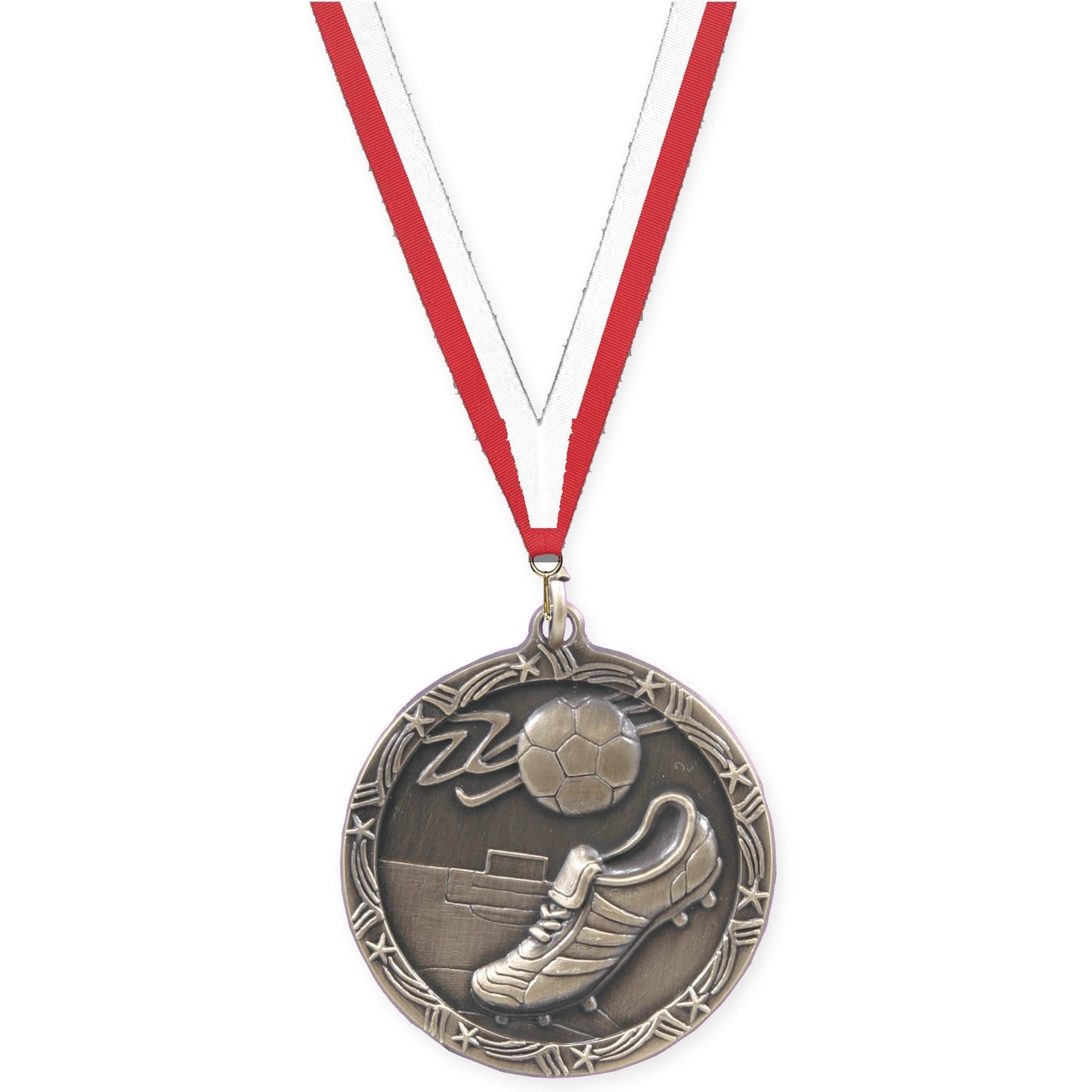 2 1/2 inch soccer Shooting Star medal in antique gold with Red White neck ribbon