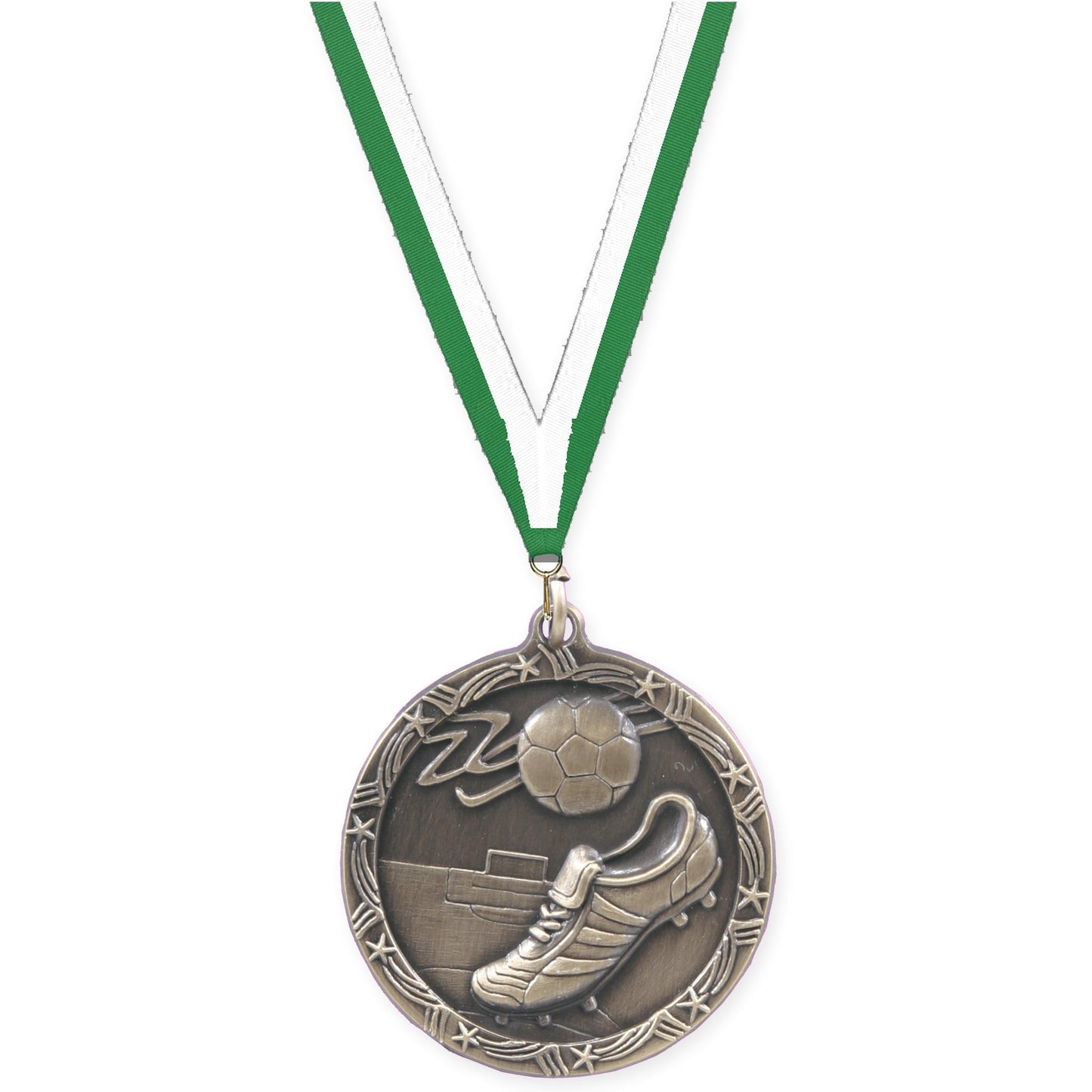1 3/4 inch soccer Shooting Star medal in antique gold with Green White neck ribbon