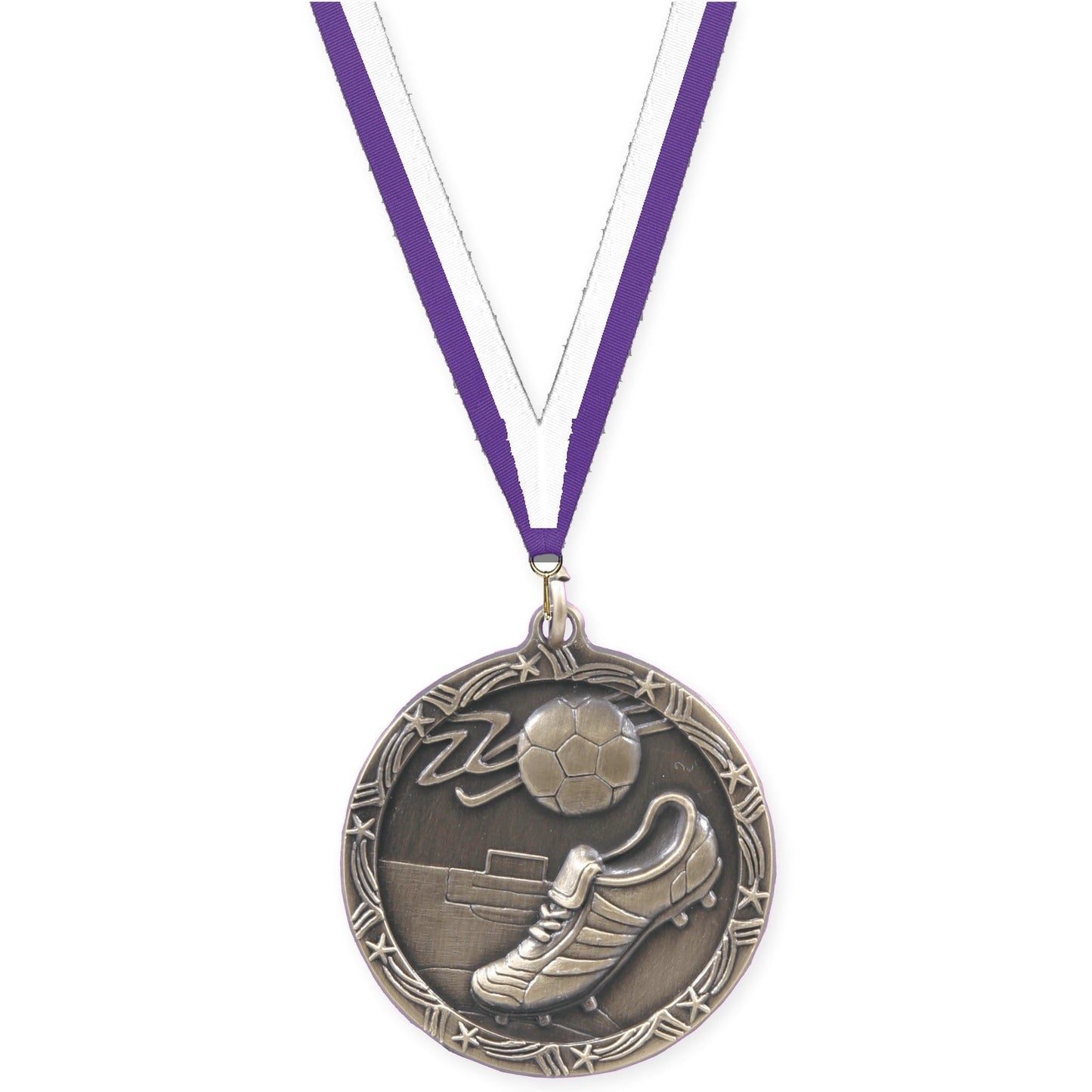 1 3/4 inch soccer Shooting Star medal in antique gold with Purple White neck ribbon