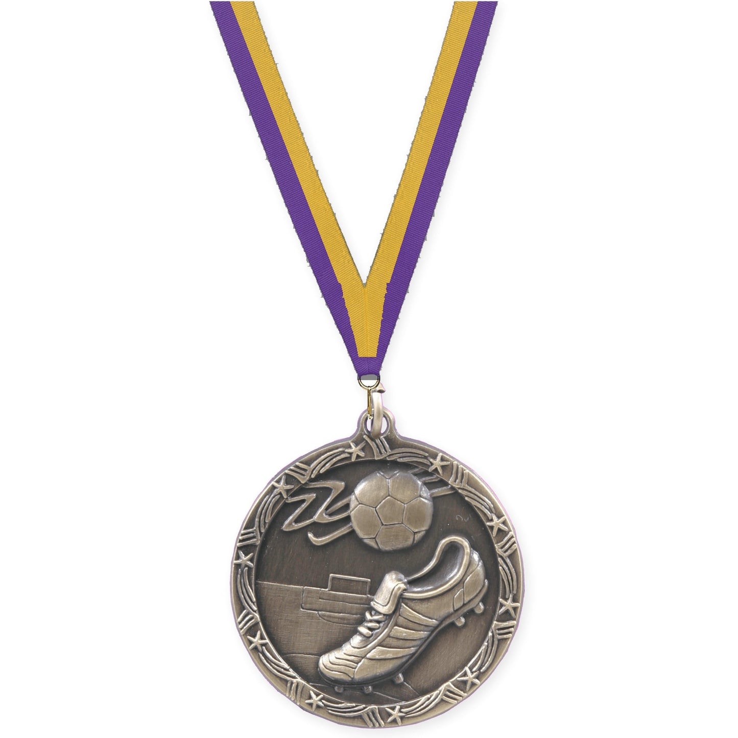 1 3/4 inch soccer Shooting Star medal in antique gold with Purple Gold neck ribbon