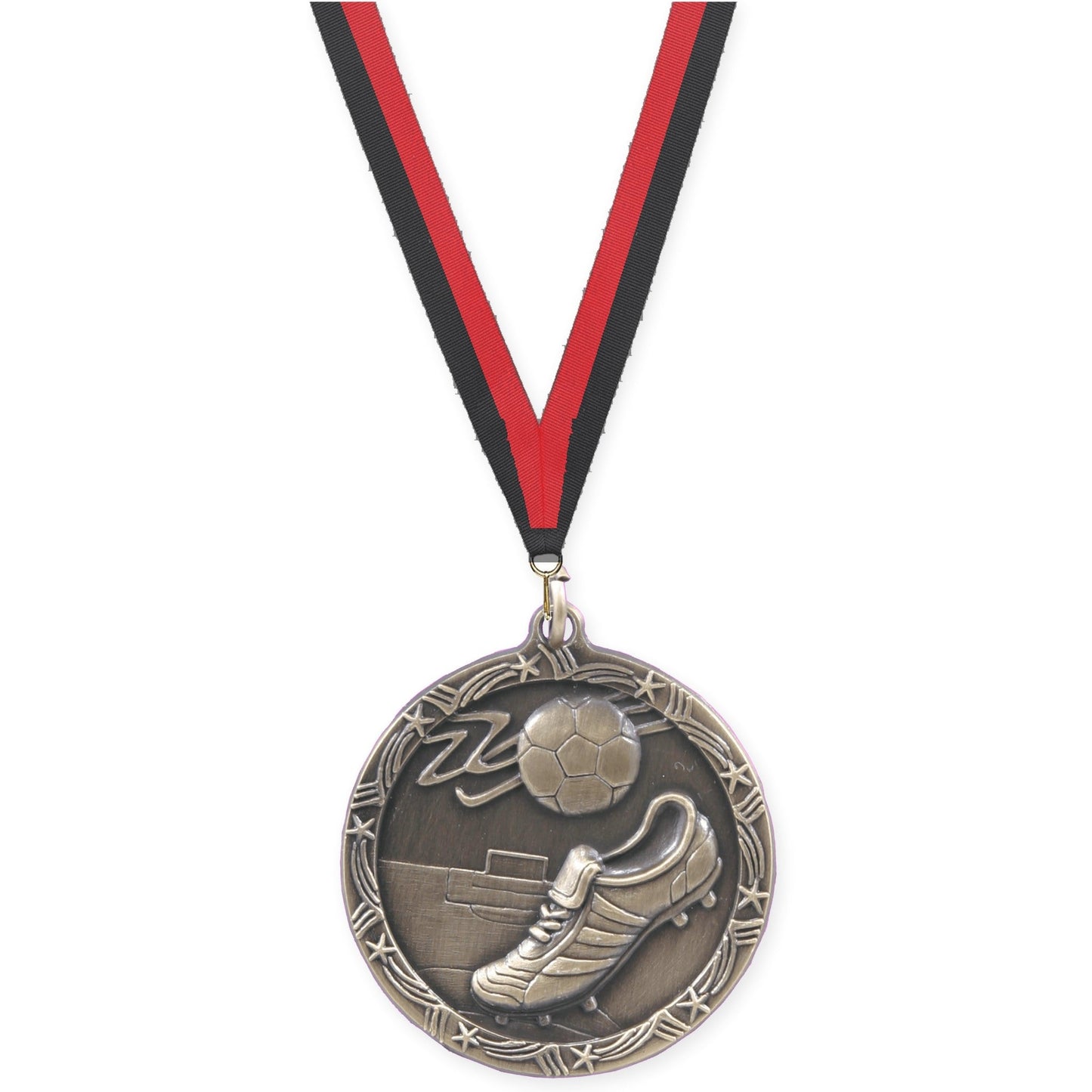2 1/2 inch soccer Shooting Star medal in antique gold with Black Red neck ribbon