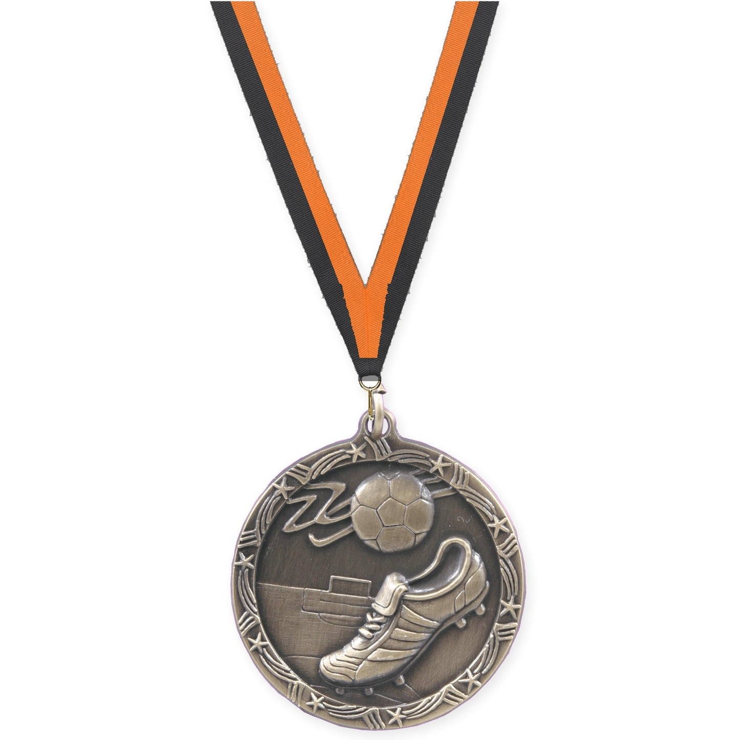 2 1/2 inch soccer Shooting Star medal in antique gold with Black Orange neck ribbon