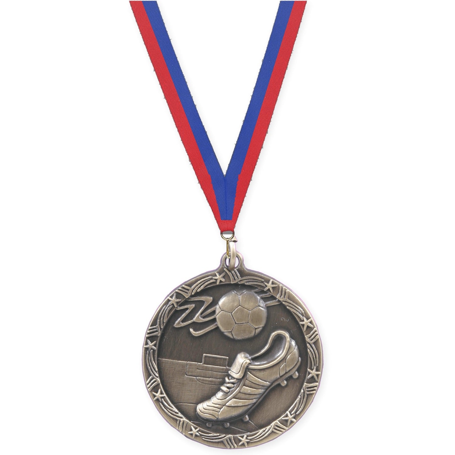 2 1/2 inch soccer Shooting Star medal in antique gold with Blue Red neck ribbon
