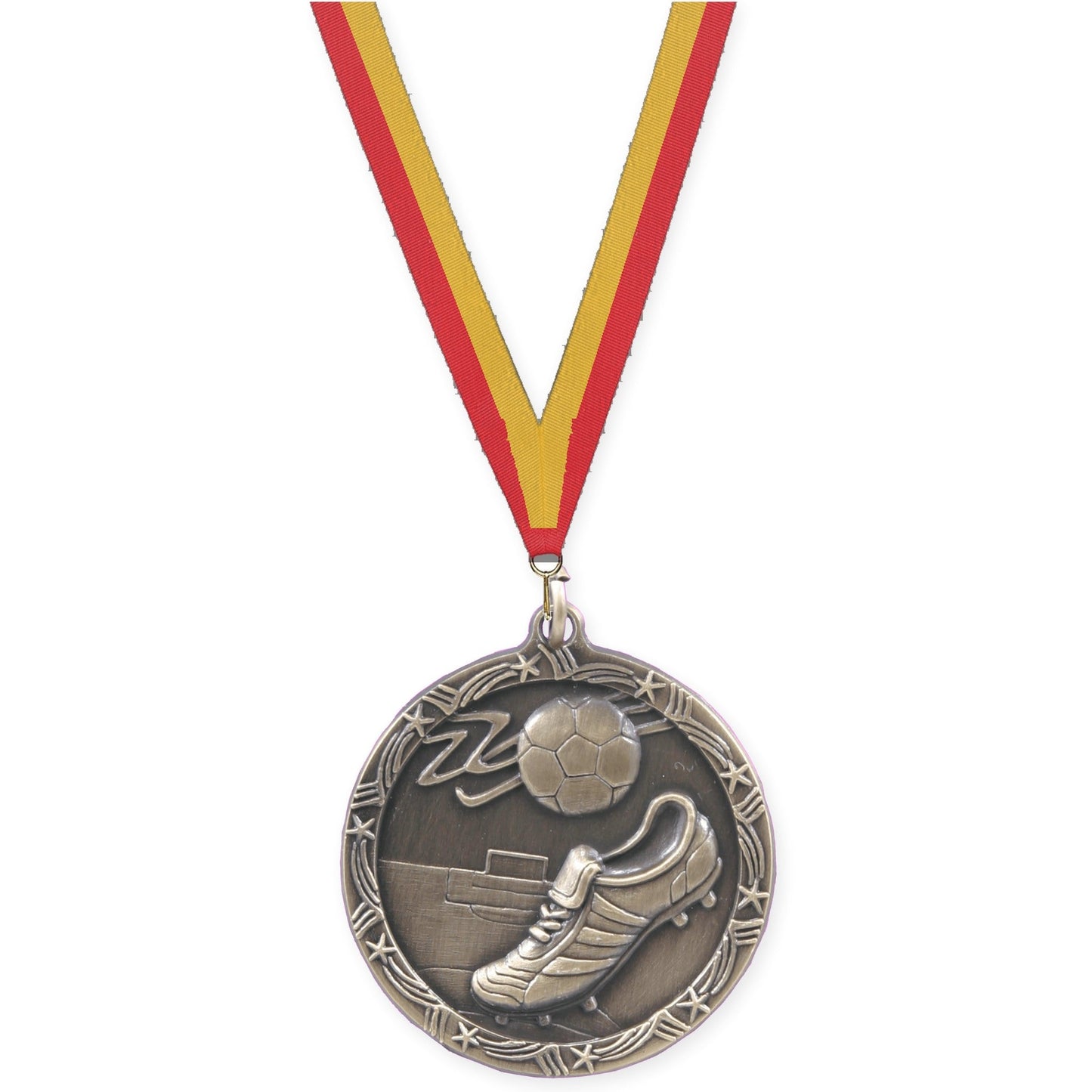1 3/4 inch soccer Shooting Star medal in antique gold with Red Gold neck ribbon
