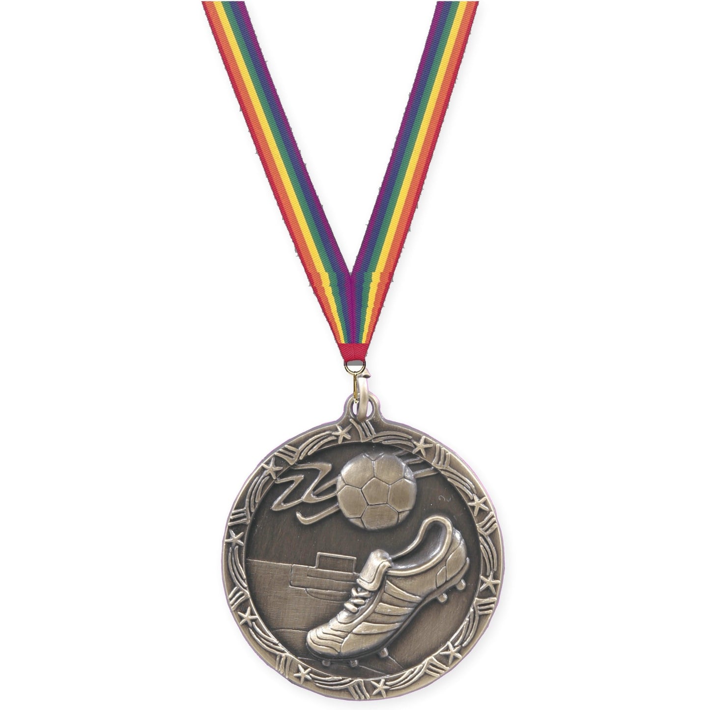 1 3/4 inch soccer Shooting Star medal in antique gold with Rainbow neck ribbon