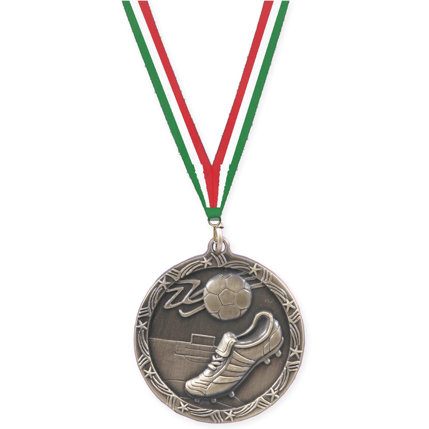 1 3/4 inch soccer Shooting Star medal in antique gold with Green White Red neck ribbon