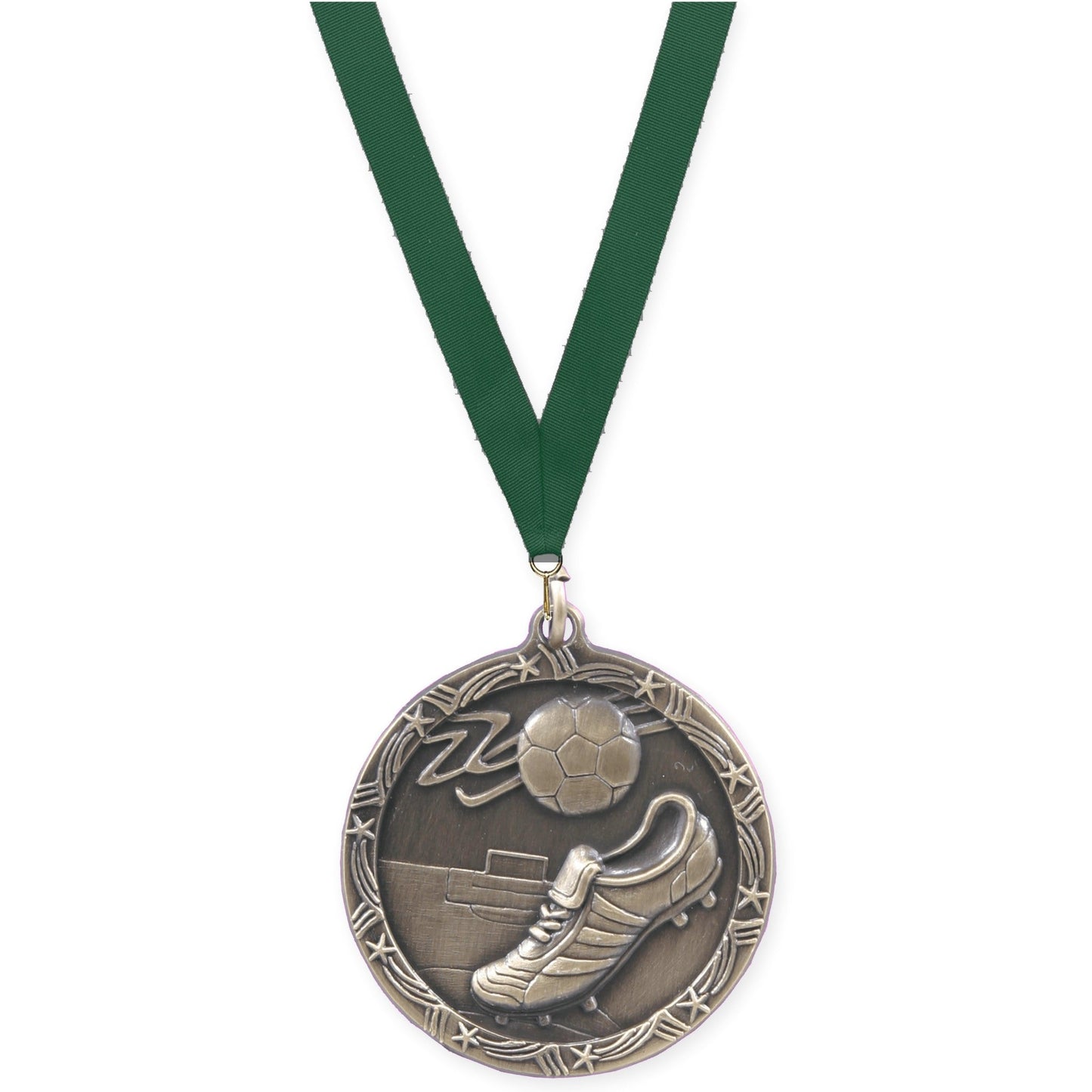 1 3/4 inch soccer Shooting Star medal in antique gold with Hunter Green neck ribbon