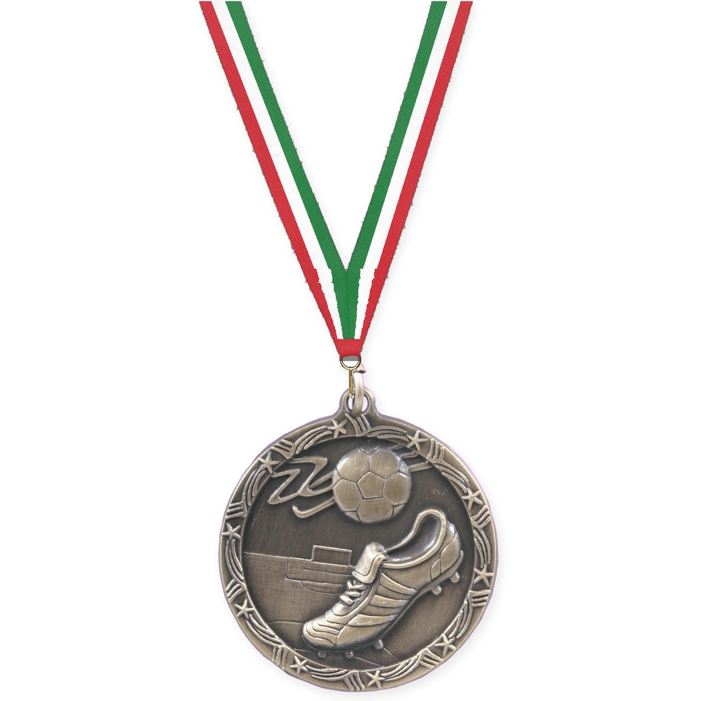 2 1/2 inch soccer Shooting Star medal in antique gold with Red White Green neck ribbon