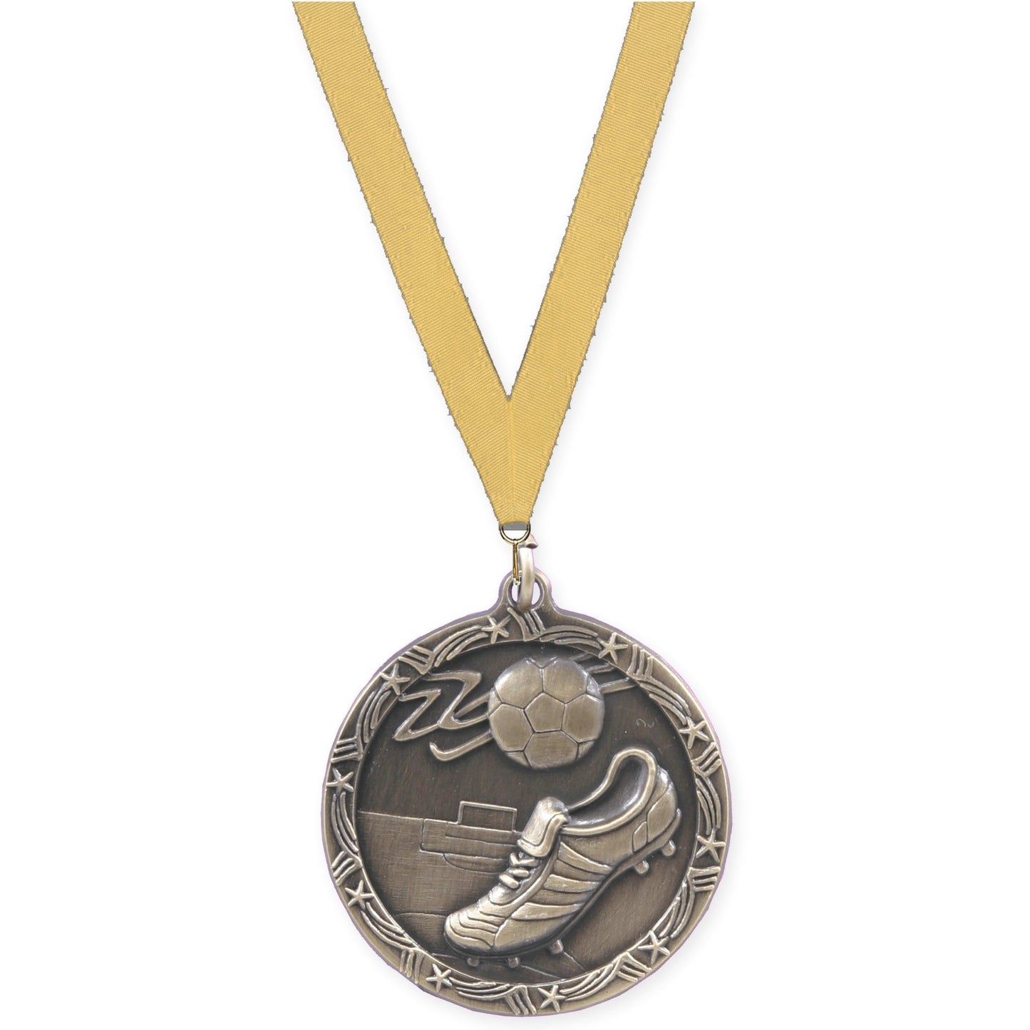 1 3/4 inch soccer Shooting Star medal in antique gold with Gold Metallic neck ribbon