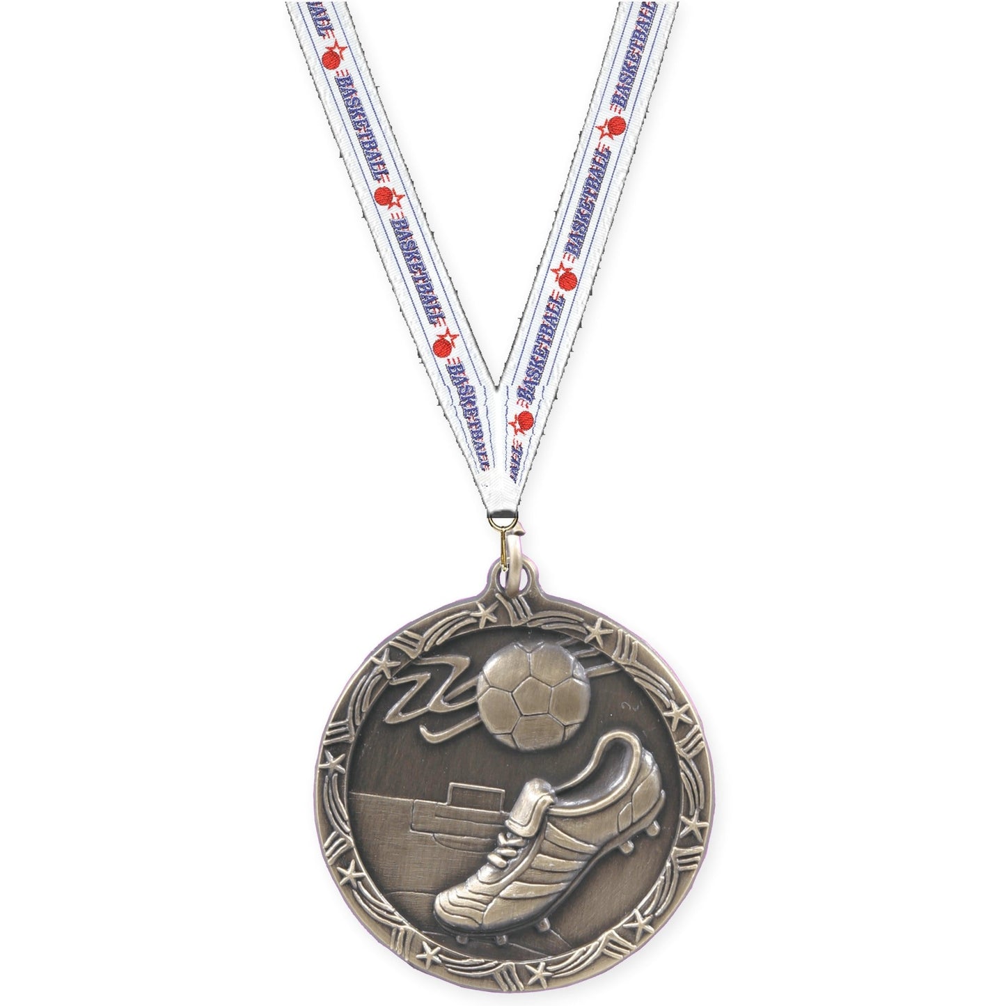 2 1/2 inch soccer Shooting Star medal in antique gold with Basketball neck ribbon