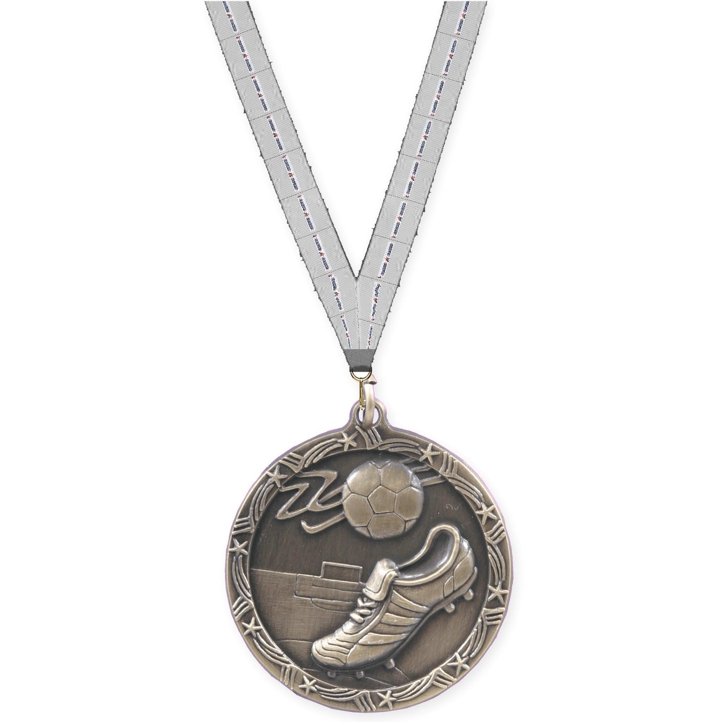 1 3/4 inch soccer Shooting Star medal in antique gold with Auto Racing neck ribbon