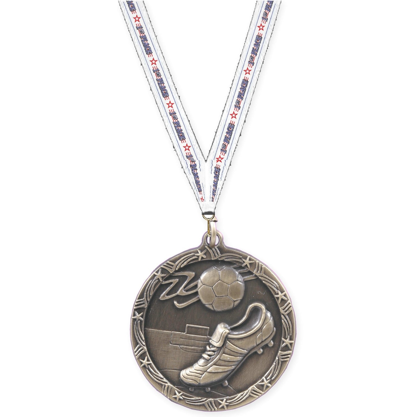 2 1/2 inch soccer Shooting Star medal in antique gold with 1st Place neck ribbon