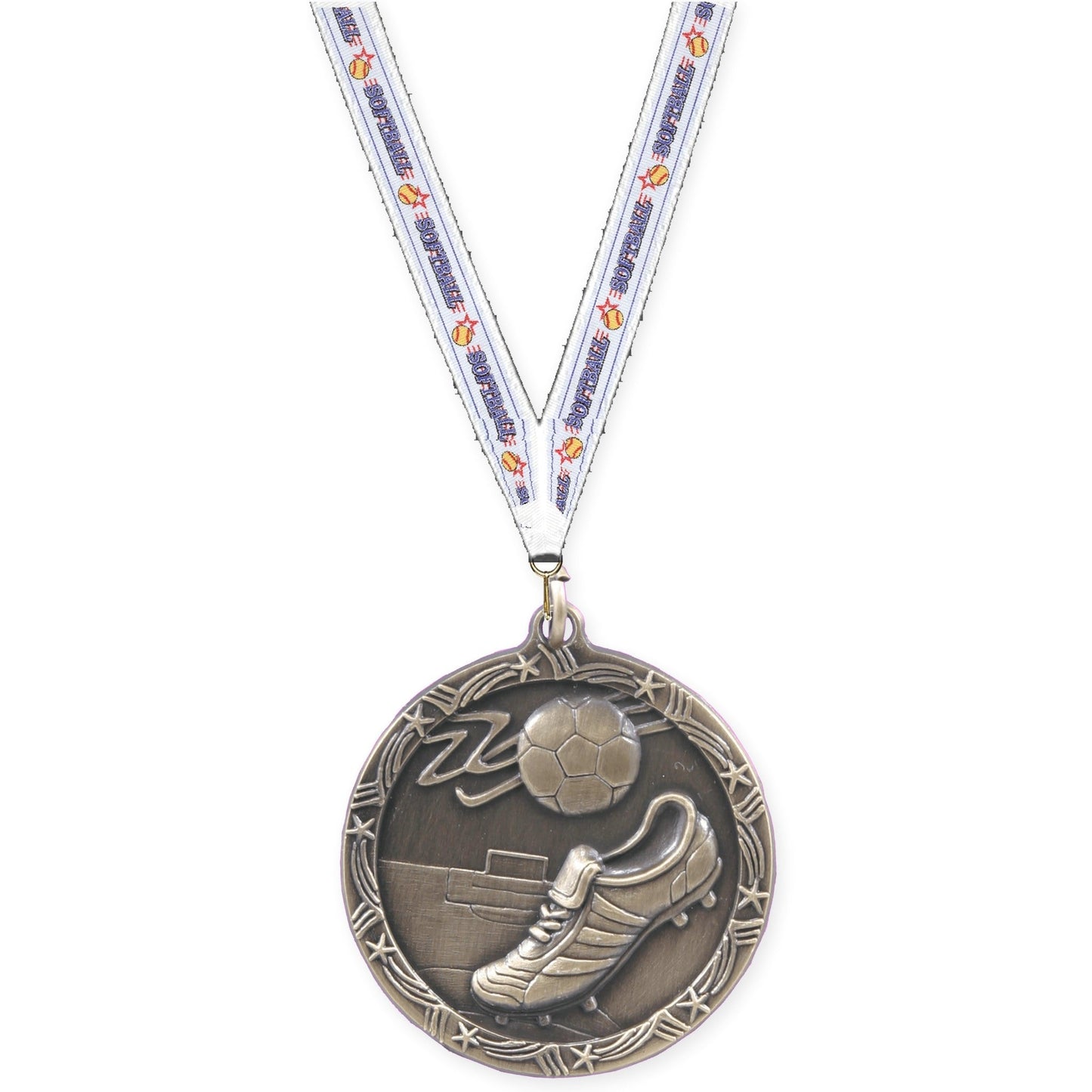 2 1/2 inch soccer Shooting Star medal in antique gold with Softball neck ribbon