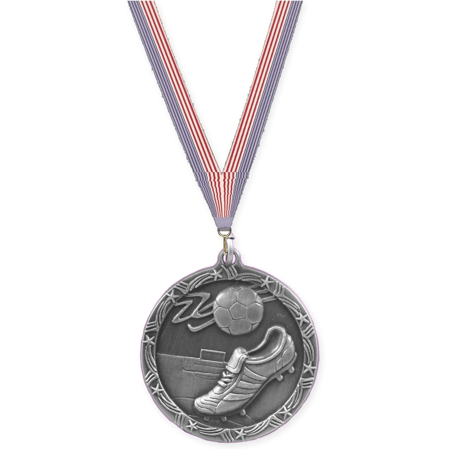1 3/4 inch soccer Shooting Star medal in antique silver with USA Flag neck ribbon