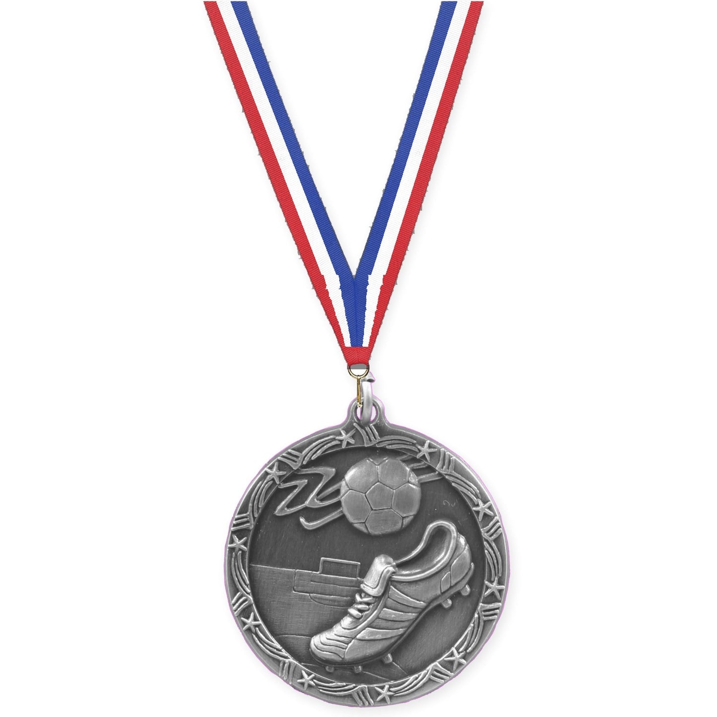 1 3/4 inch soccer Shooting Star medal in antique silver with Red White Blue neck ribbon
