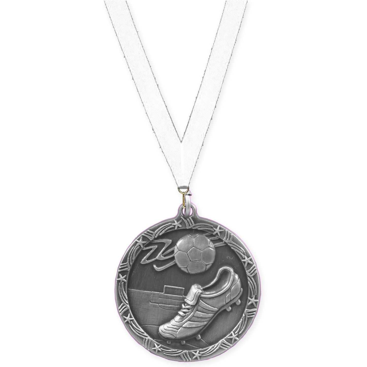 2 1/2 inch soccer Shooting Star medal in antique silver with White neck ribbon