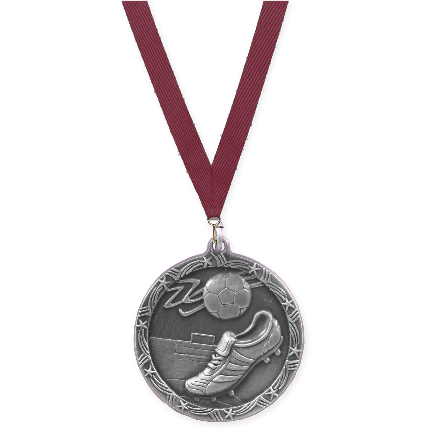 1 3/4 inch soccer Shooting Star medal in antique silver with Maroon neck ribbon