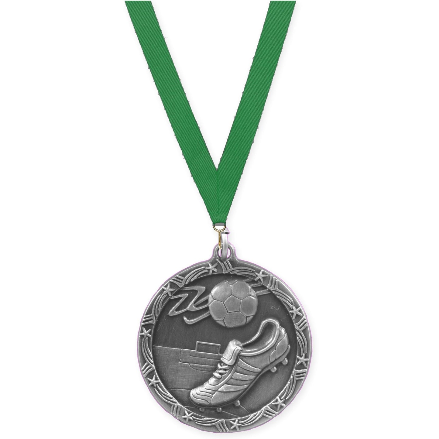 1 3/4 inch soccer Shooting Star medal in antique silver with Green neck ribbon