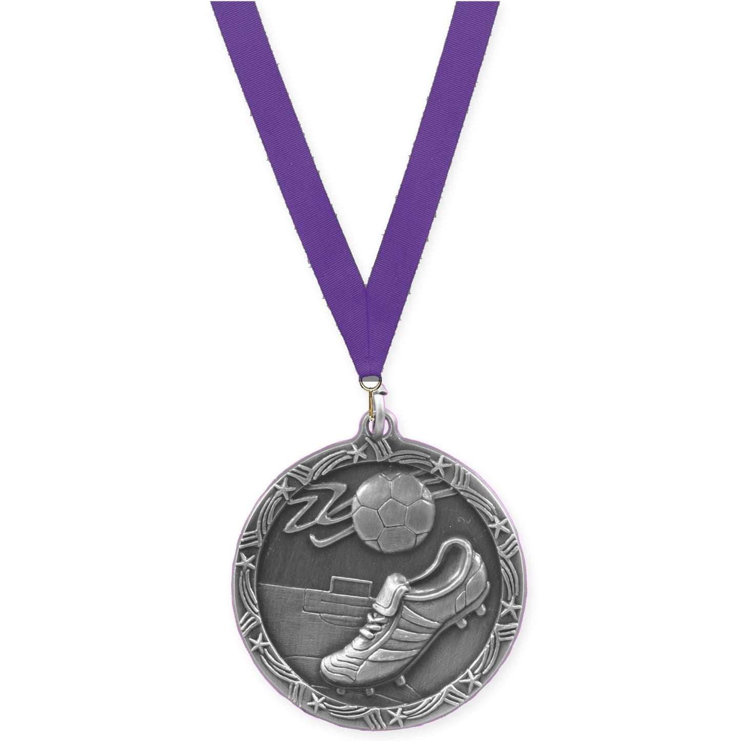 2 1/2 inch soccer Shooting Star medal in antique silver with Purple neck ribbon