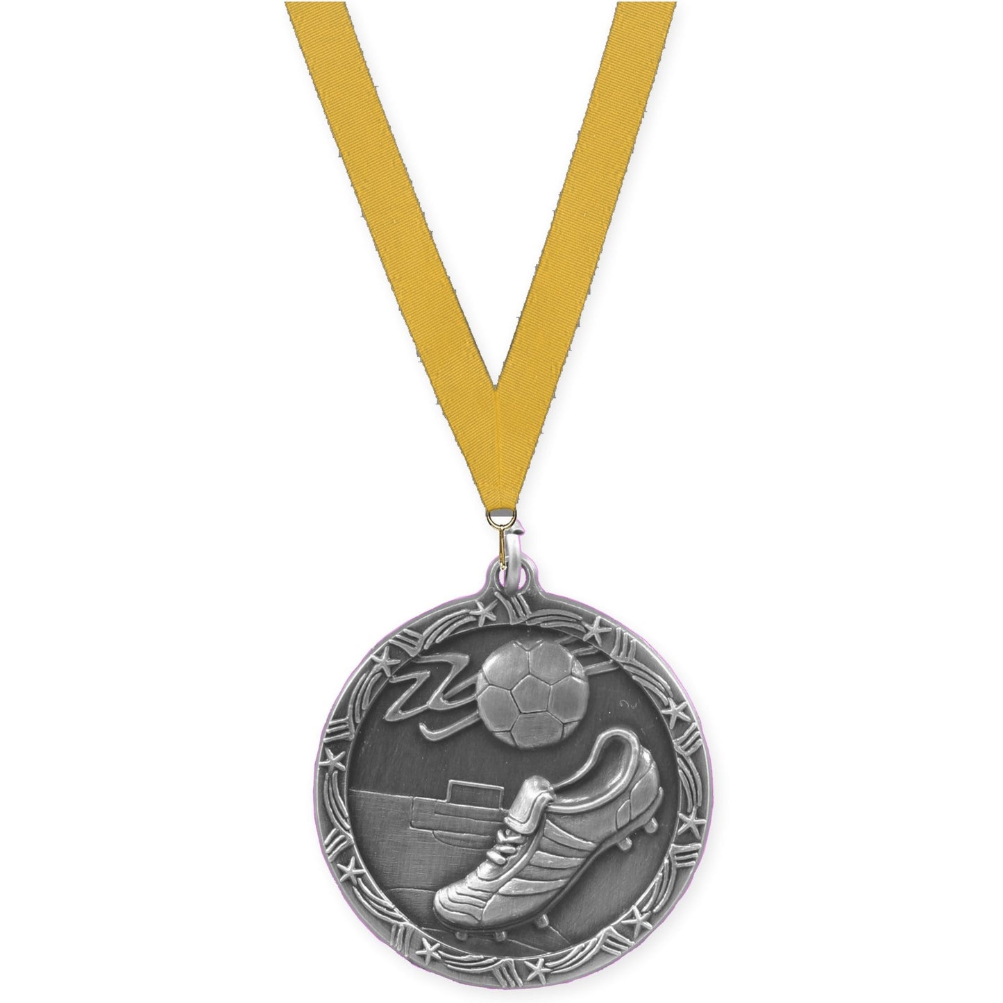 1 3/4 inch soccer Shooting Star medal in antique silver with Gold neck ribbon