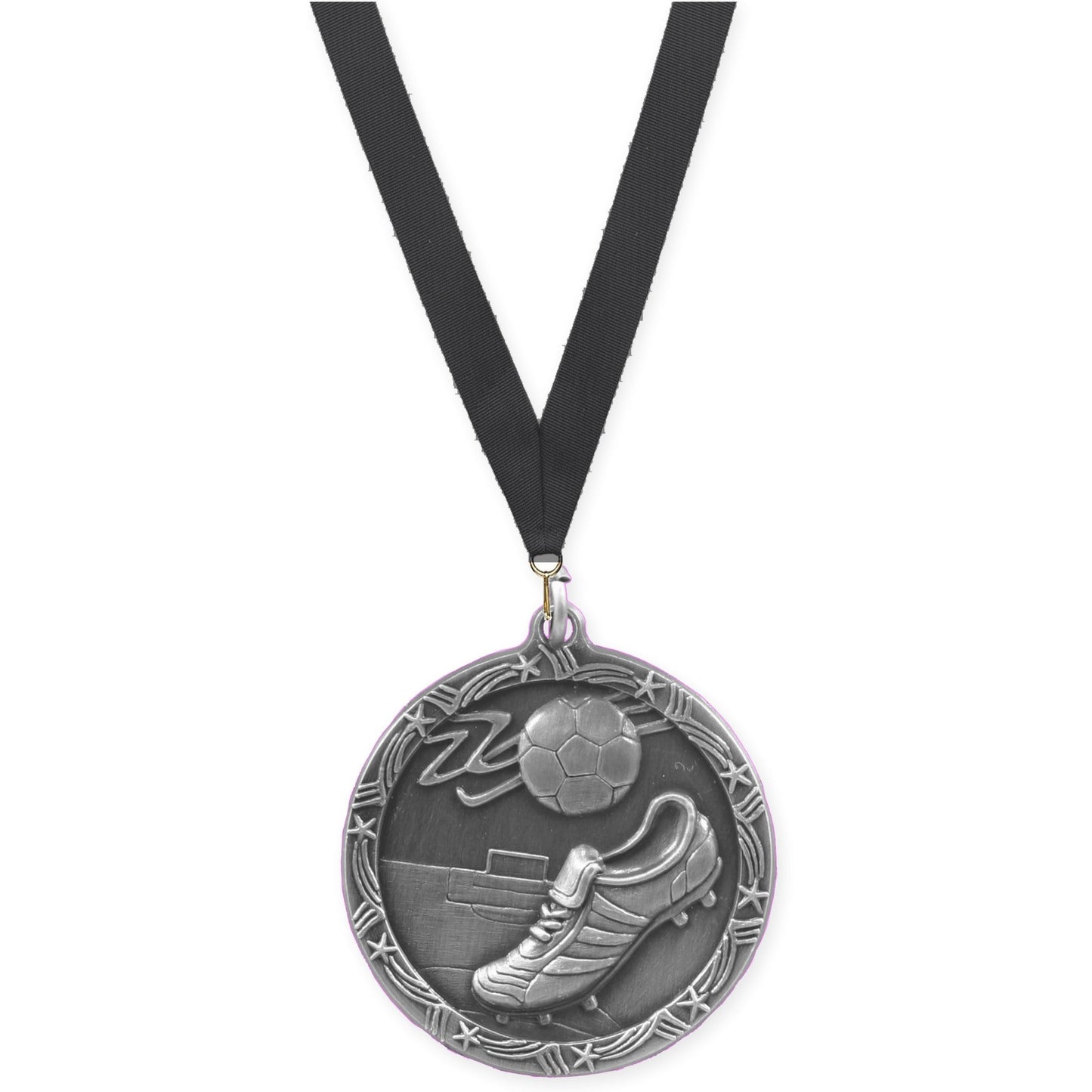 2 1/2 inch soccer Shooting Star medal in antique silver with Black neck ribbon