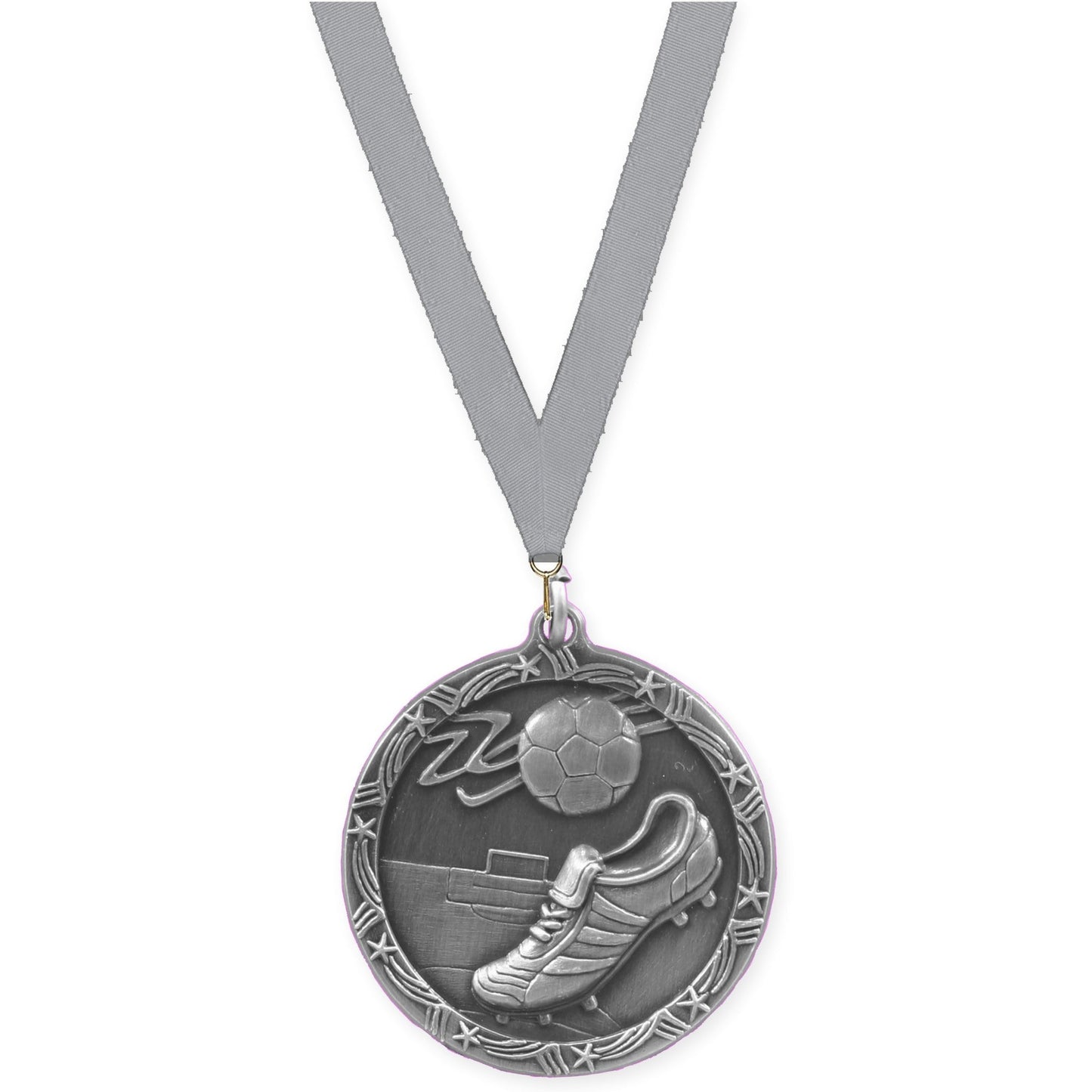 2 1/2 inch soccer Shooting Star medal in antique silver with Gray neck ribbon