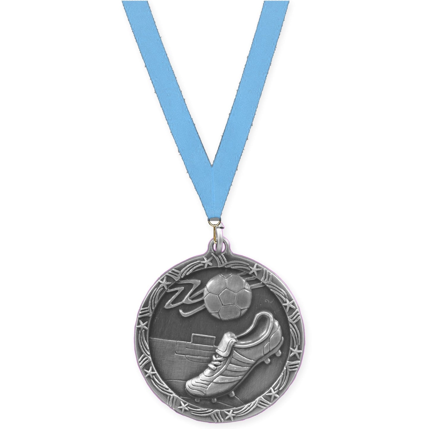 2 1/2 inch soccer Shooting Star medal in antique silver with Light Blue neck ribbon