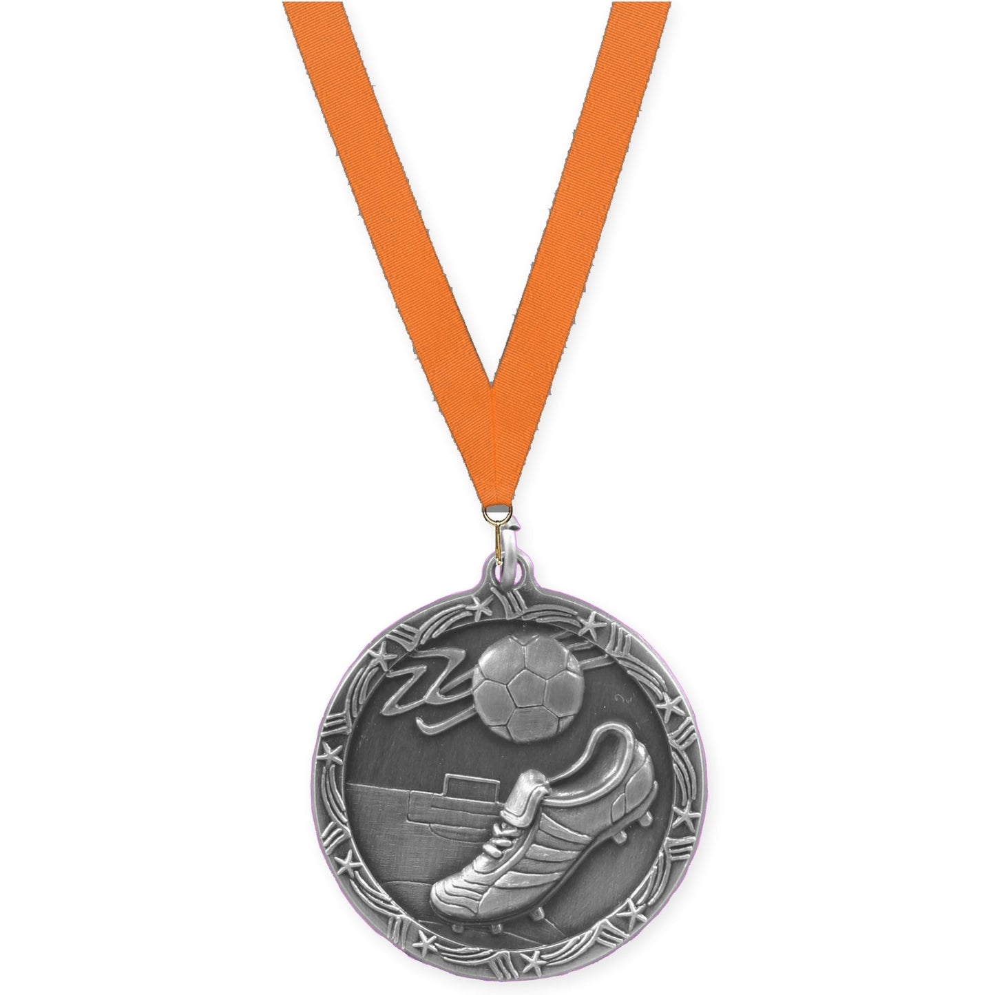 2 1/2 inch soccer Shooting Star medal in antique silver with Orange neck ribbon