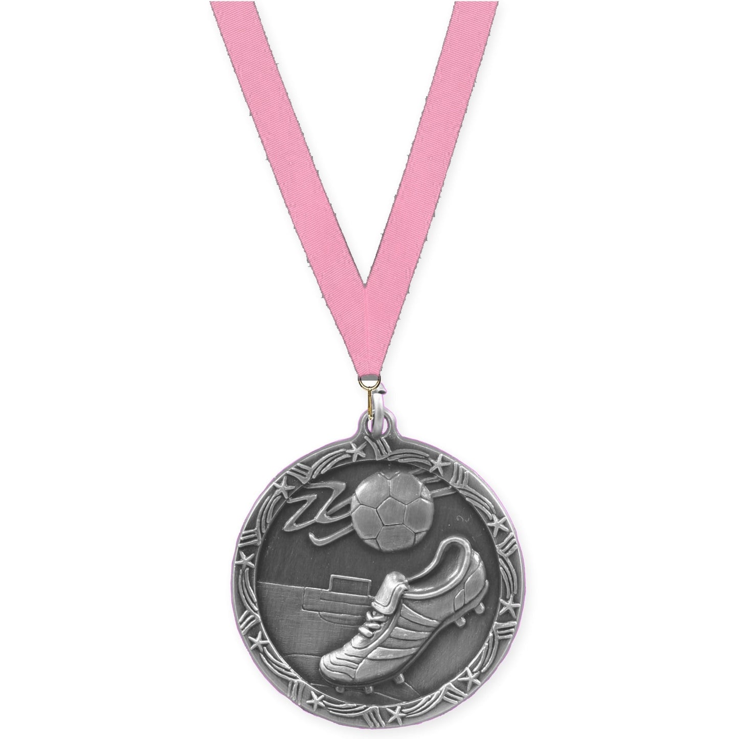 1 3/4 inch soccer Shooting Star medal in antique silver with Pink neck ribbon