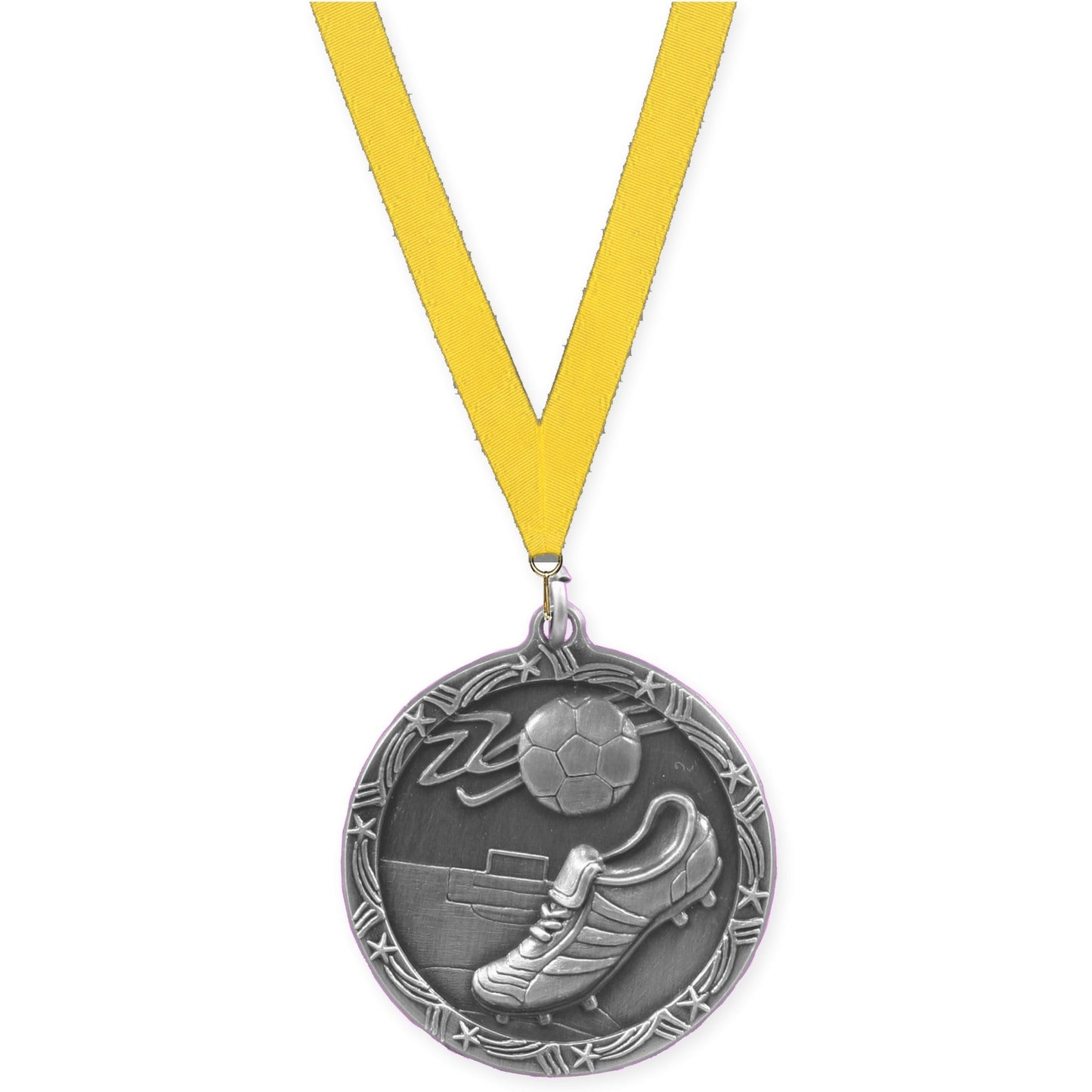 2 1/2 inch soccer Shooting Star medal in antique silver with Yellow neck ribbon
