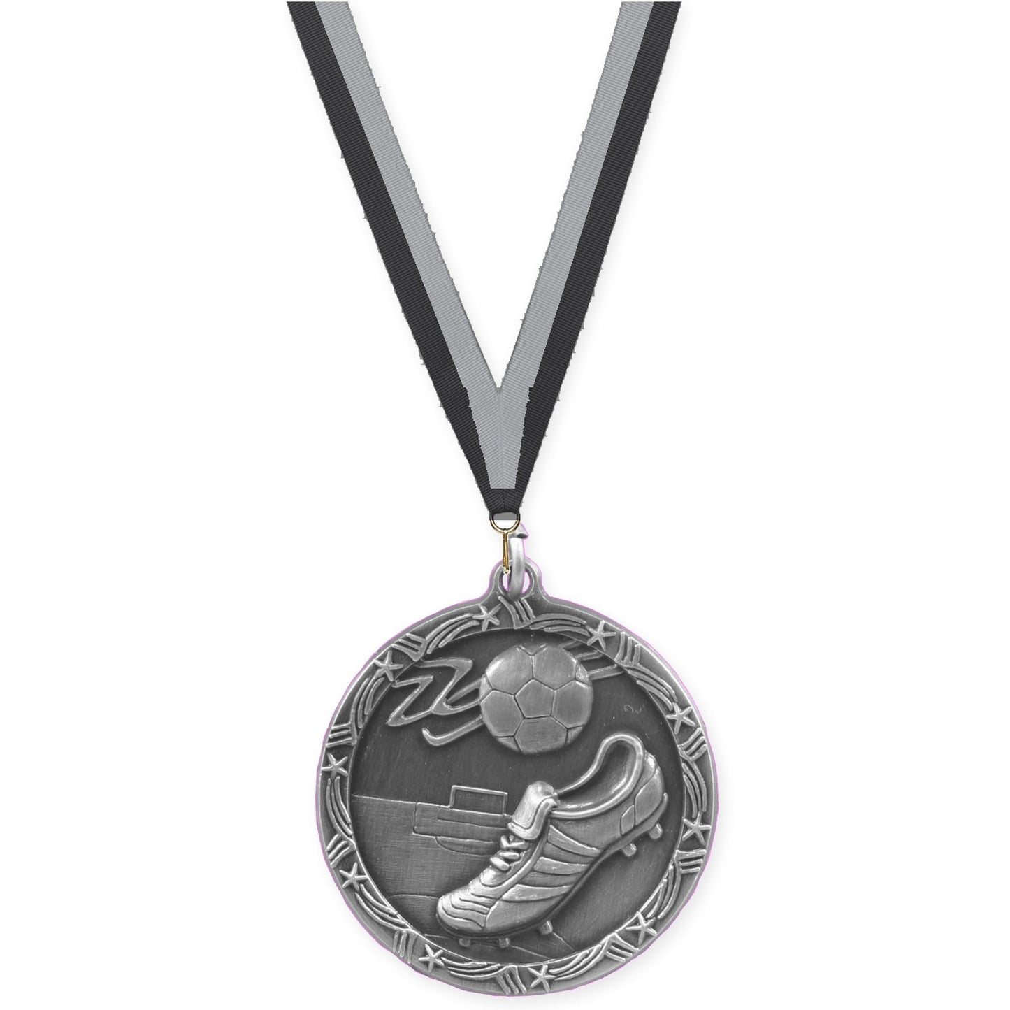 2 1/2 inch soccer Shooting Star medal in antique silver with Black Gray neck ribbon