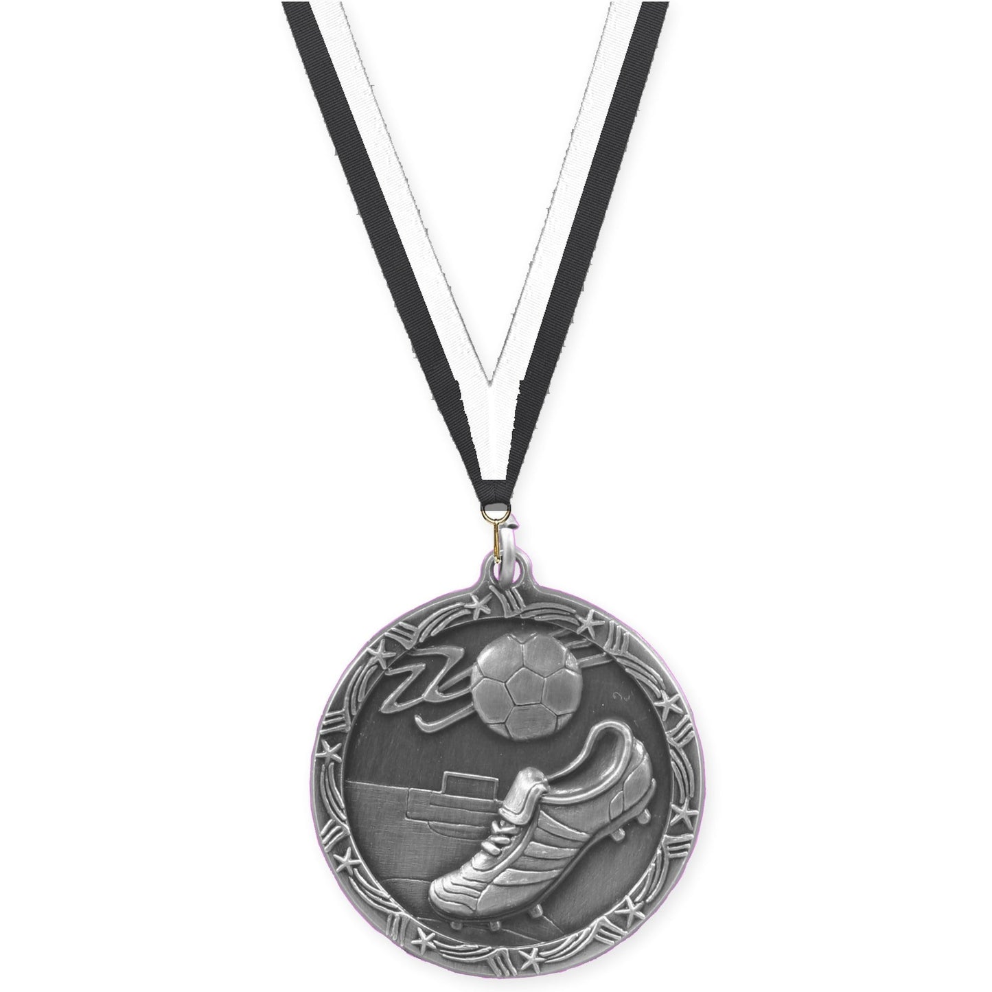 1 3/4 inch soccer Shooting Star medal in antique silver with Black White neck ribbon
