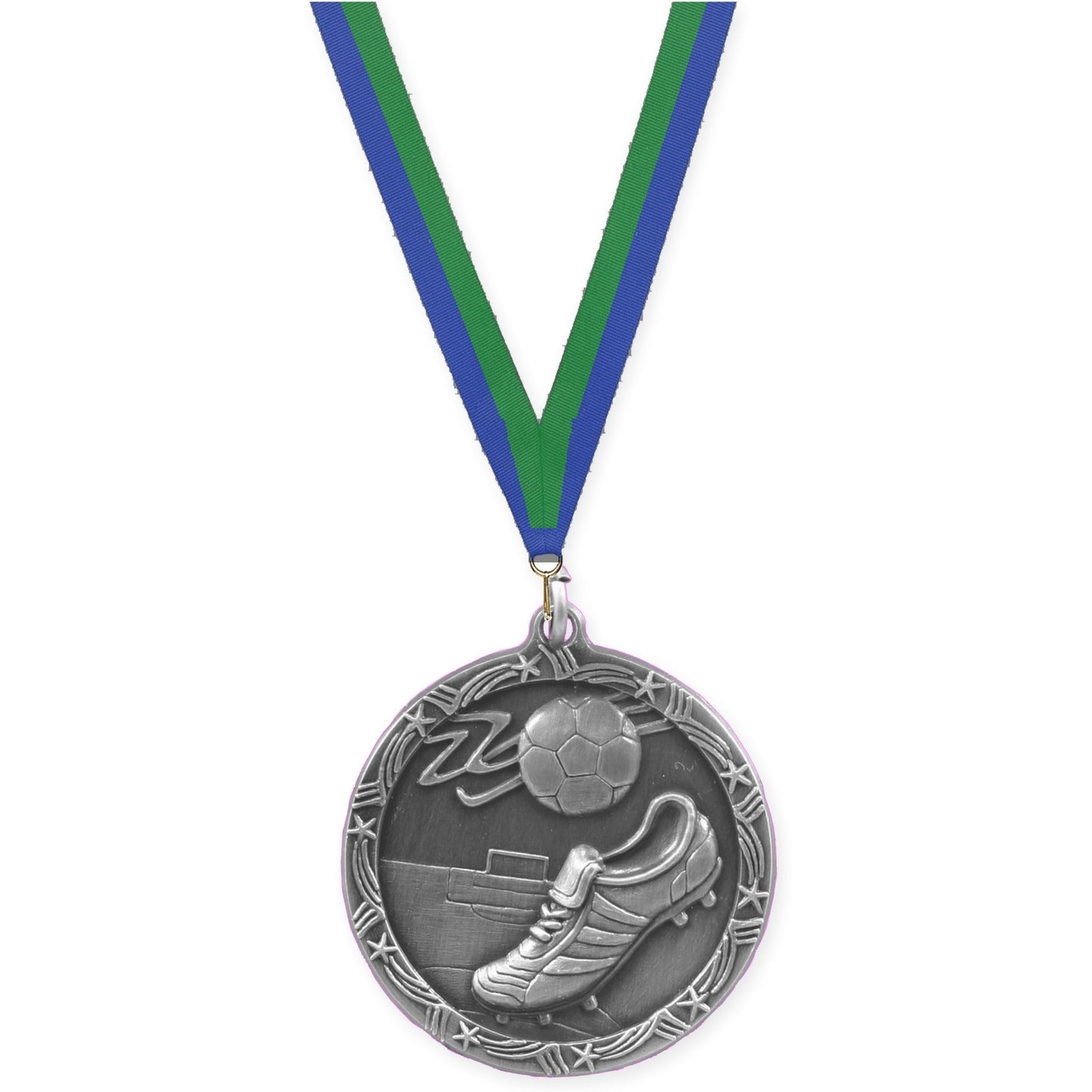 1 3/4 inch soccer Shooting Star medal in antique silver with Blue Green neck ribbon