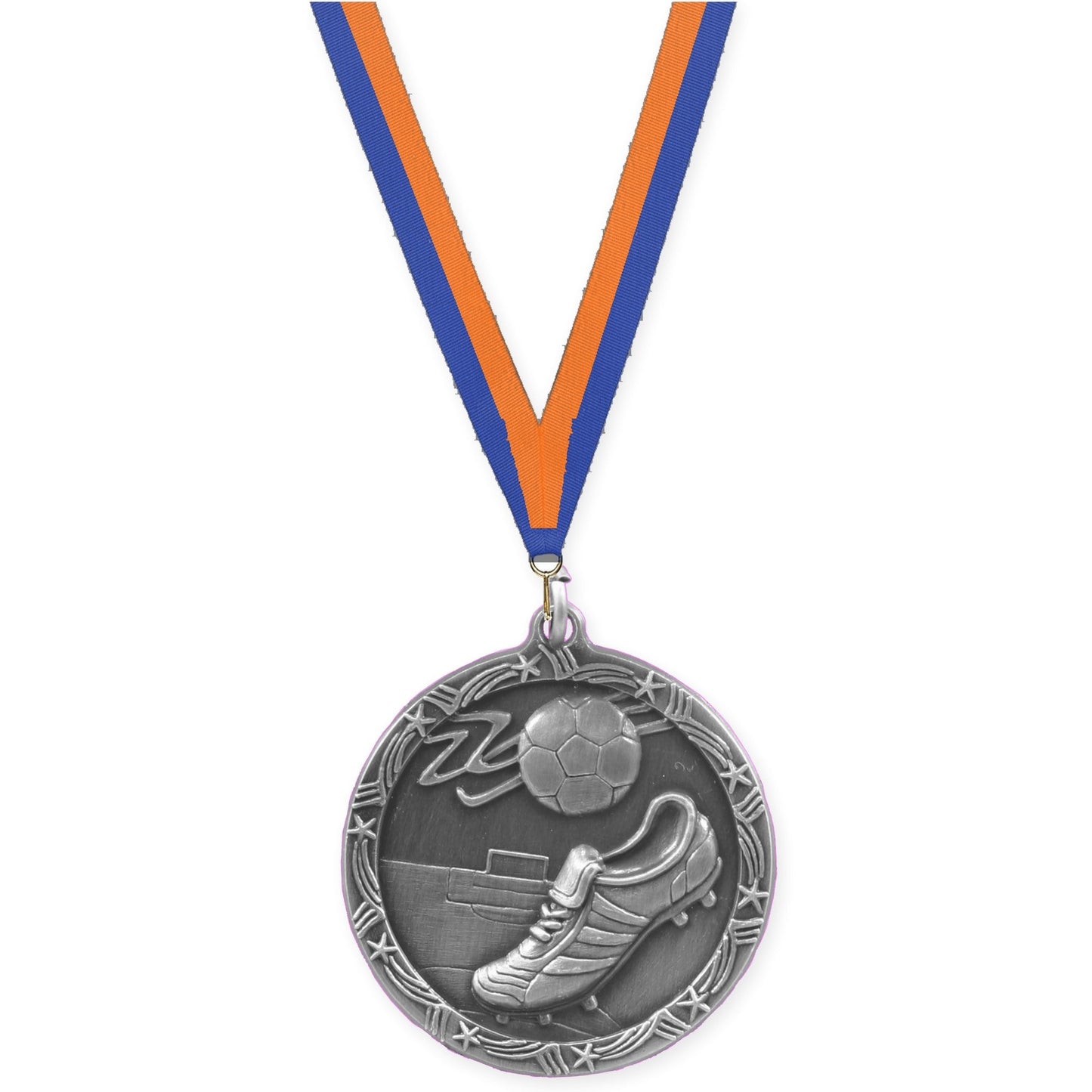 1 3/4 inch soccer Shooting Star medal in antique silver with Blue Orange neck ribbon