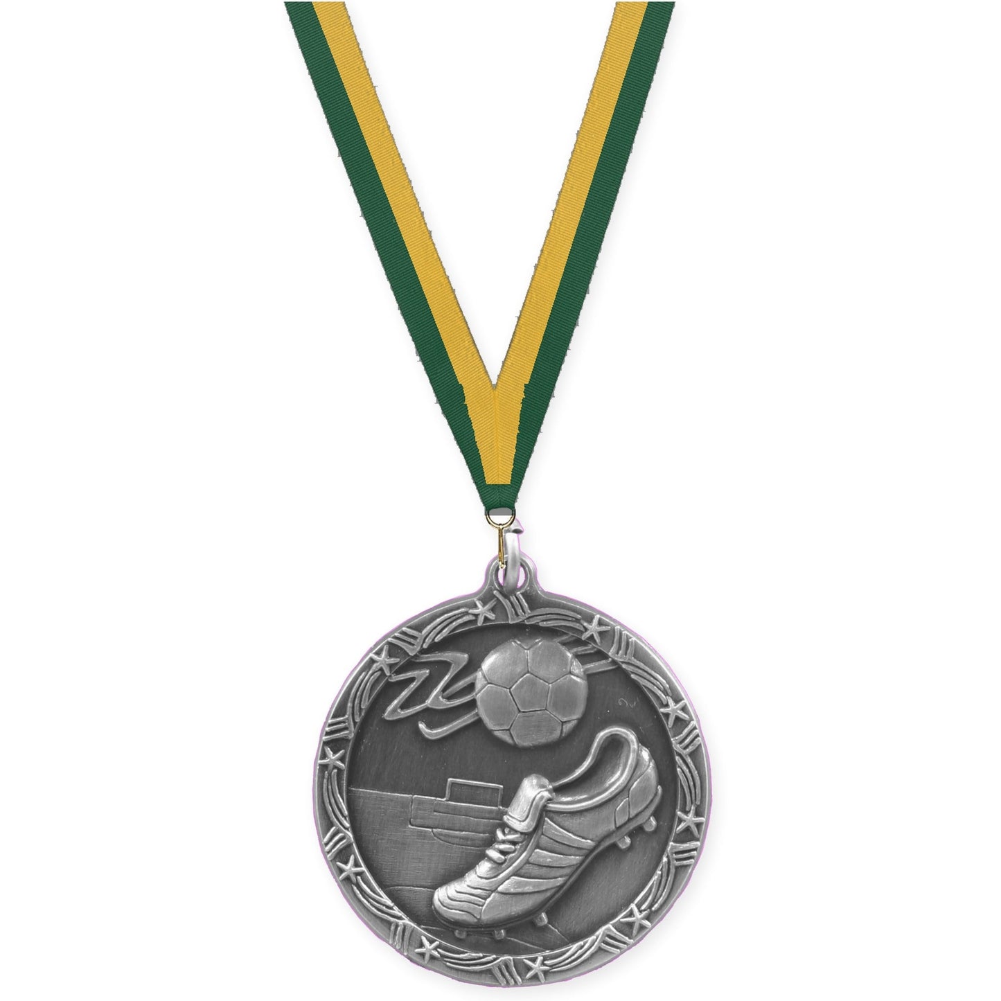 1 3/4 inch soccer Shooting Star medal in antique silver with Hunter Green Gold neck ribbon