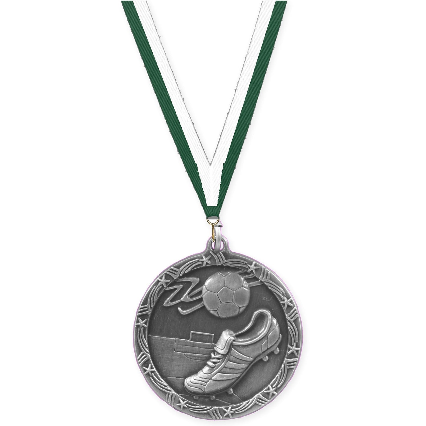 2 1/2 inch soccer Shooting Star medal in antique silver with Hunter Green White neck ribbon