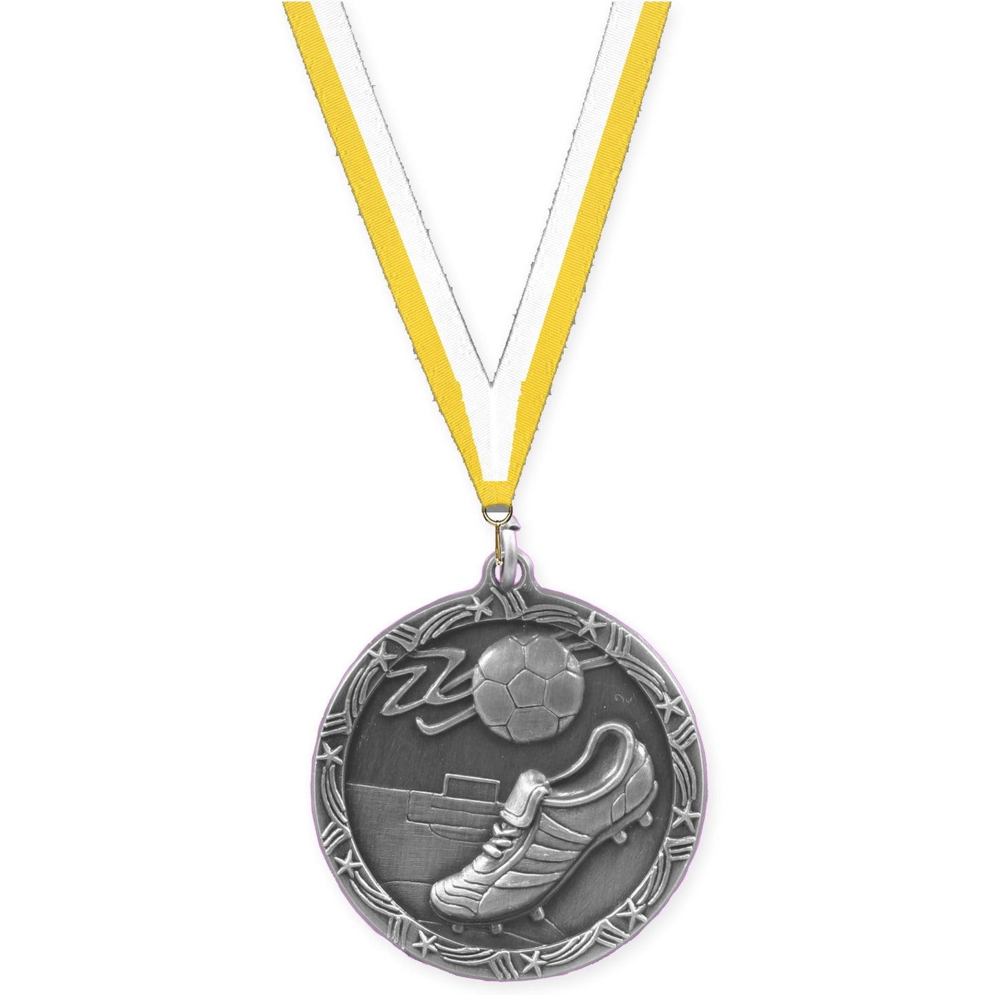 2 1/2 inch soccer Shooting Star medal in antique silver with Yellow White neck ribbon